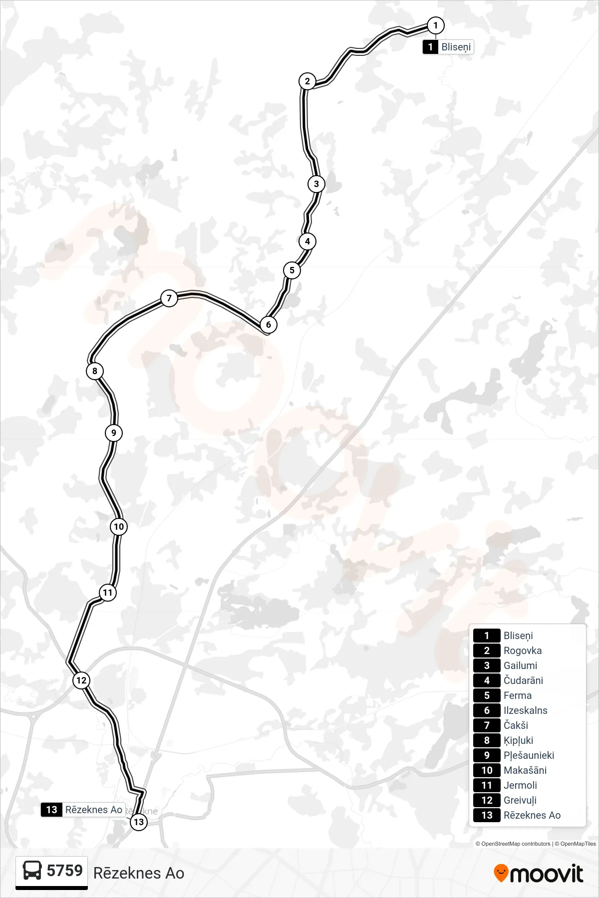 5759 bus Line (Rēzeknes Ao) route and stops on a map