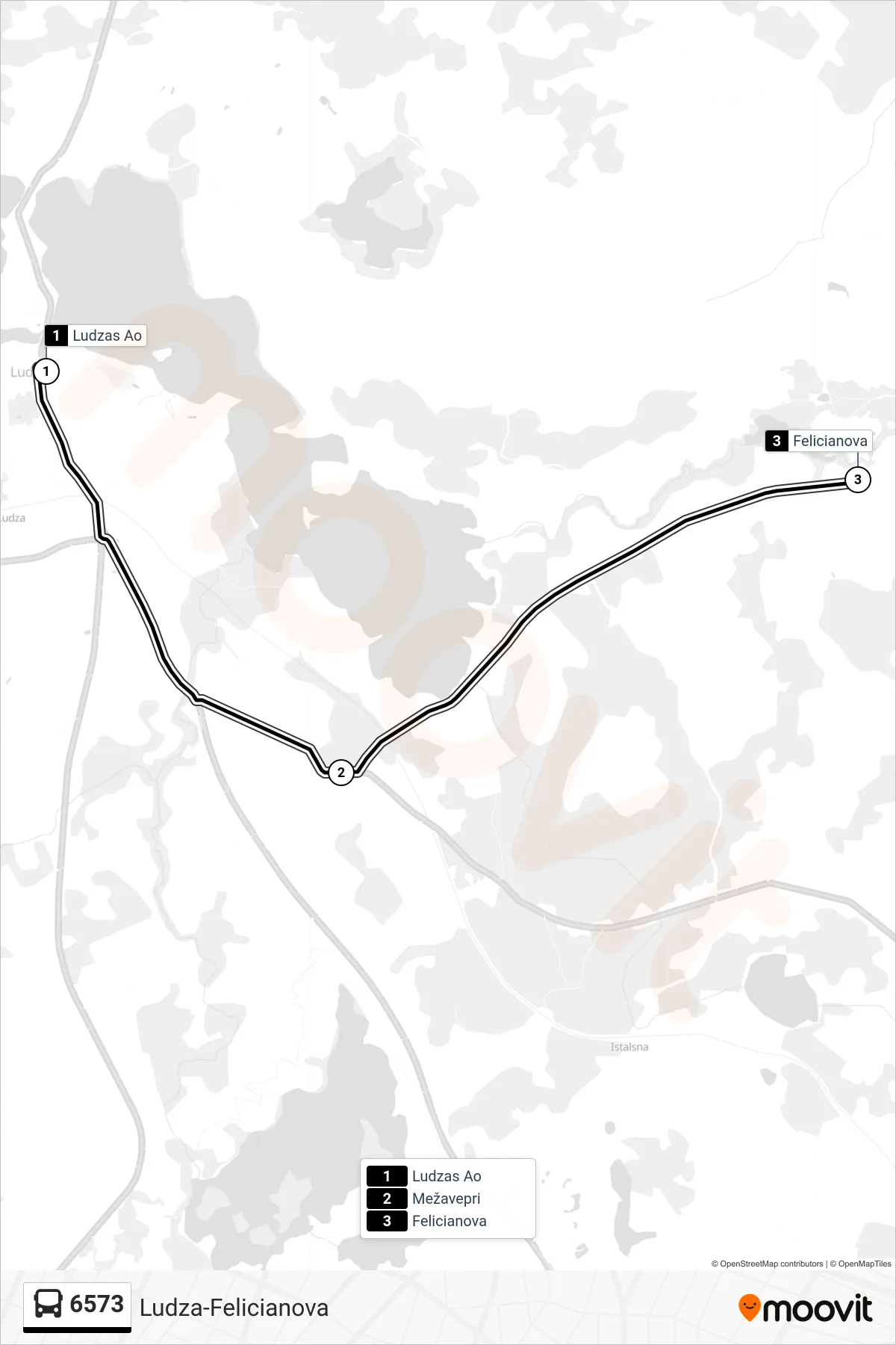 6573 bus Line (Felicianova) route and stops on a map