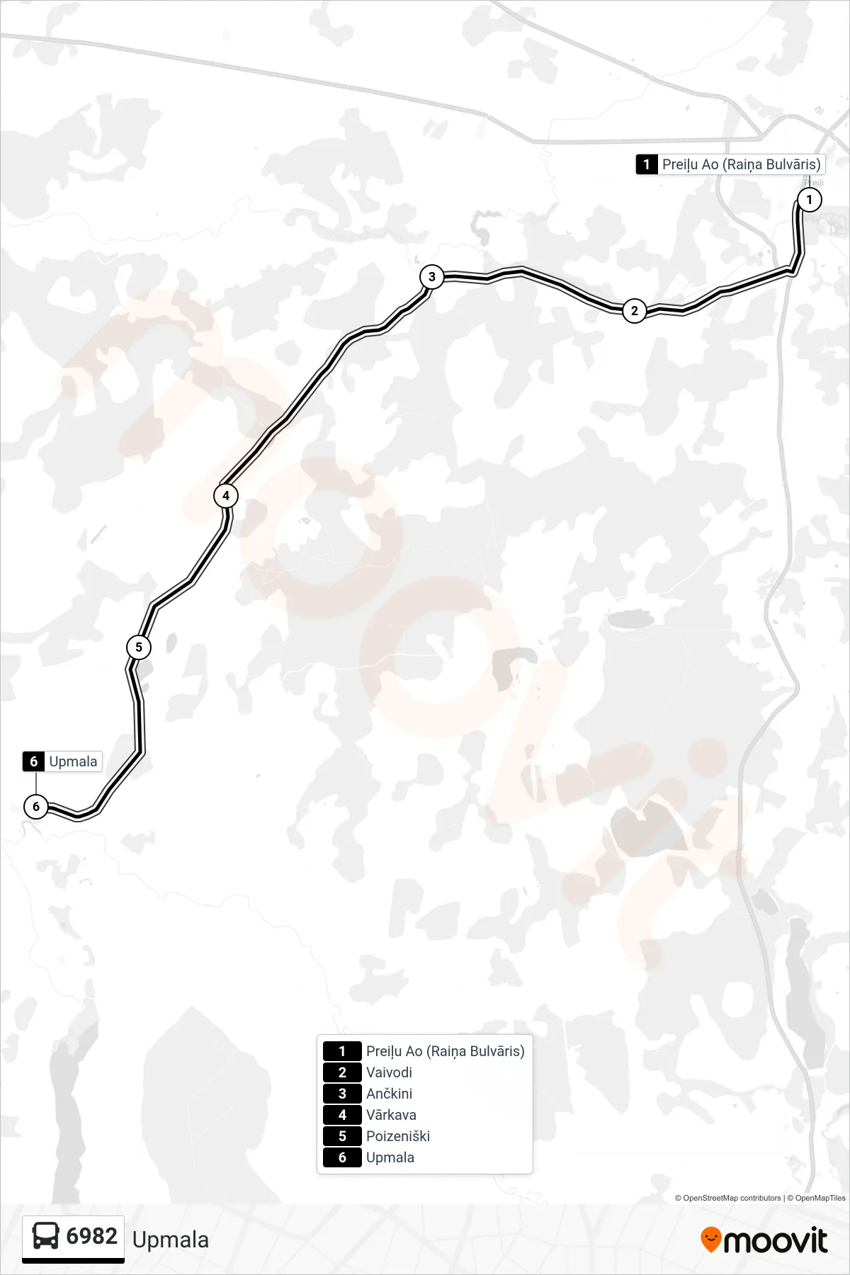 6982 bus Line (Upmala) route and stops on a map