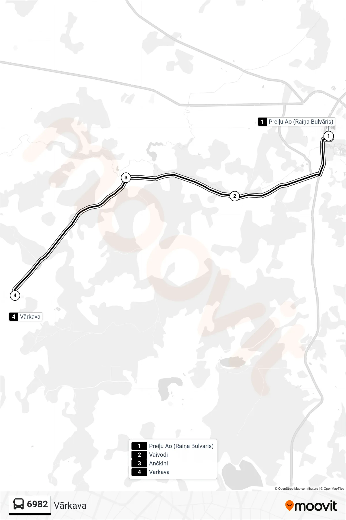 6982 bus Line (Vārkava) route and stops on a map