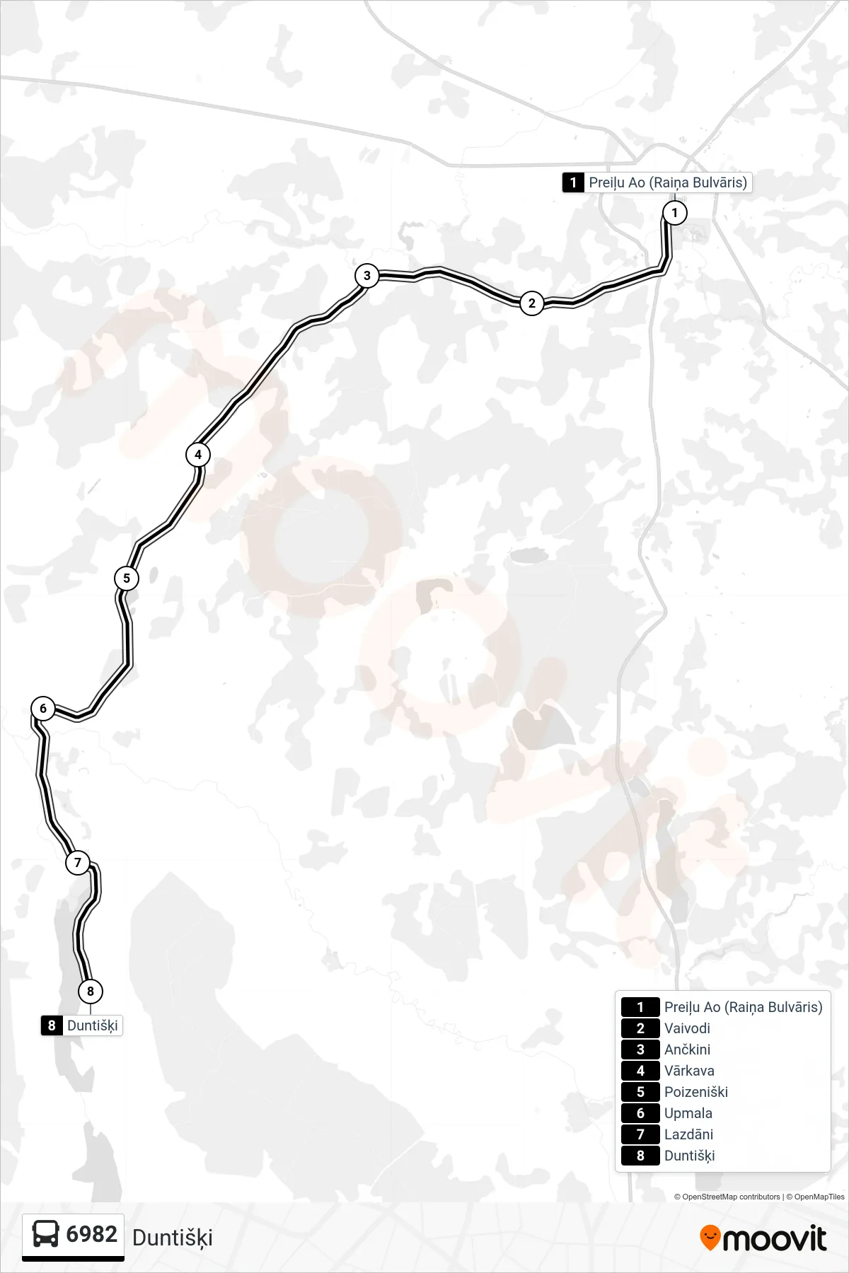 6982 bus Line (Duntišķi) route and stops on a map