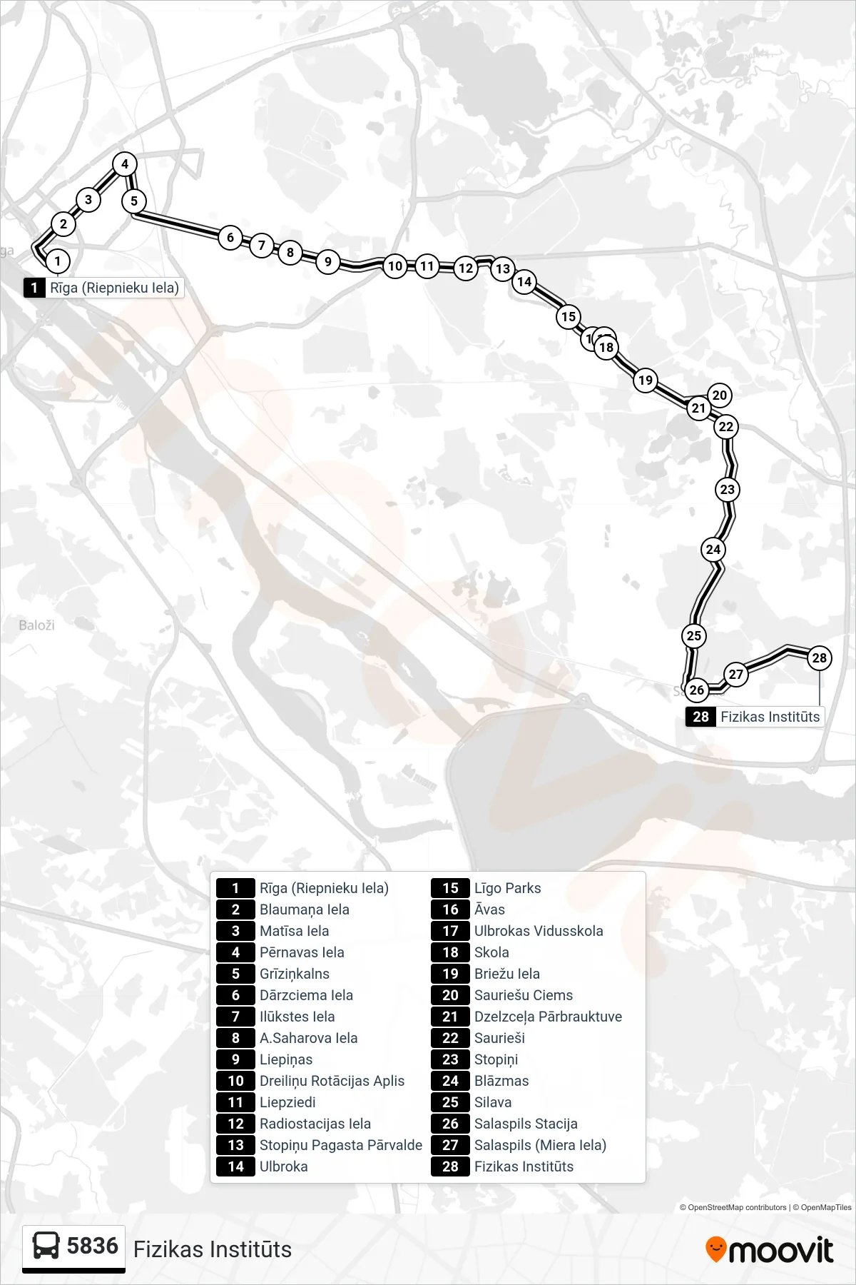 5836 bus Line (Fizikas Institūts) route and stops on a map