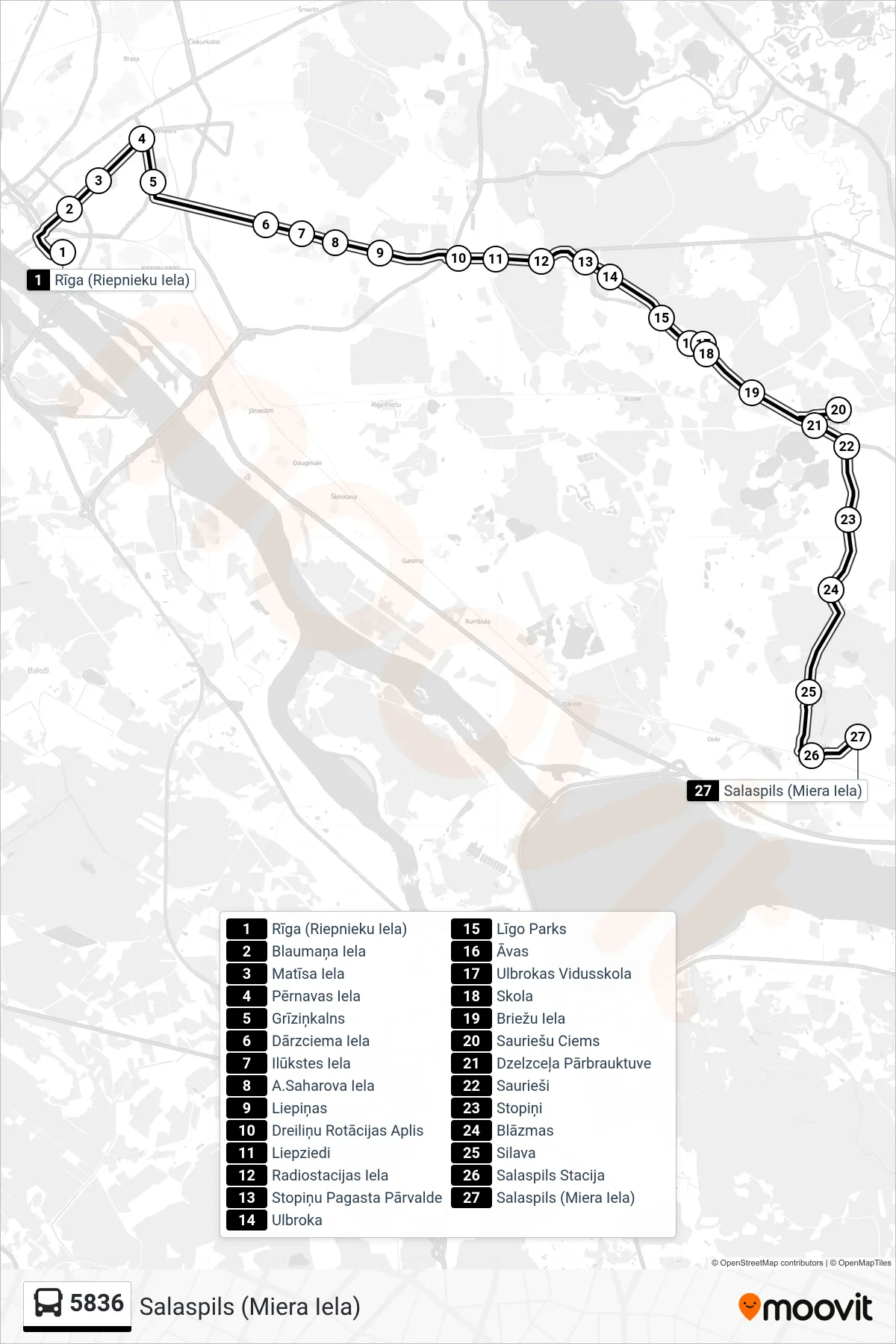 5836 bus Line (Salaspils (Miera Iela)) route and stops on a map