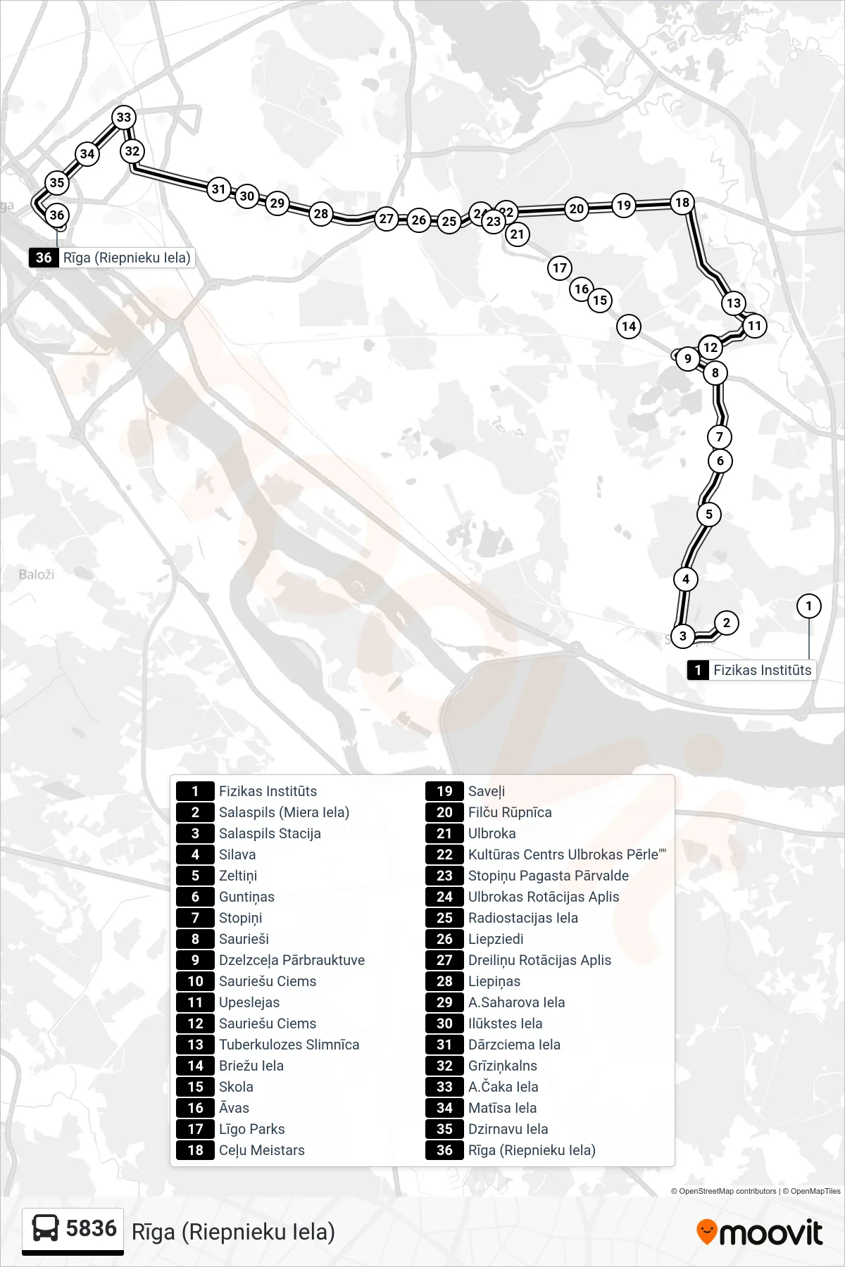 5836 bus Line (Rīga (Riepnieku Iela)) route and stops on a map
