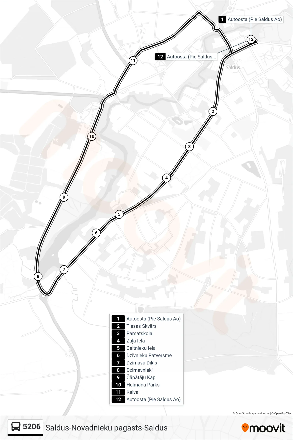 5206 bus Line (Autoosta (Pie Saldus Ao)) route and stops on a map