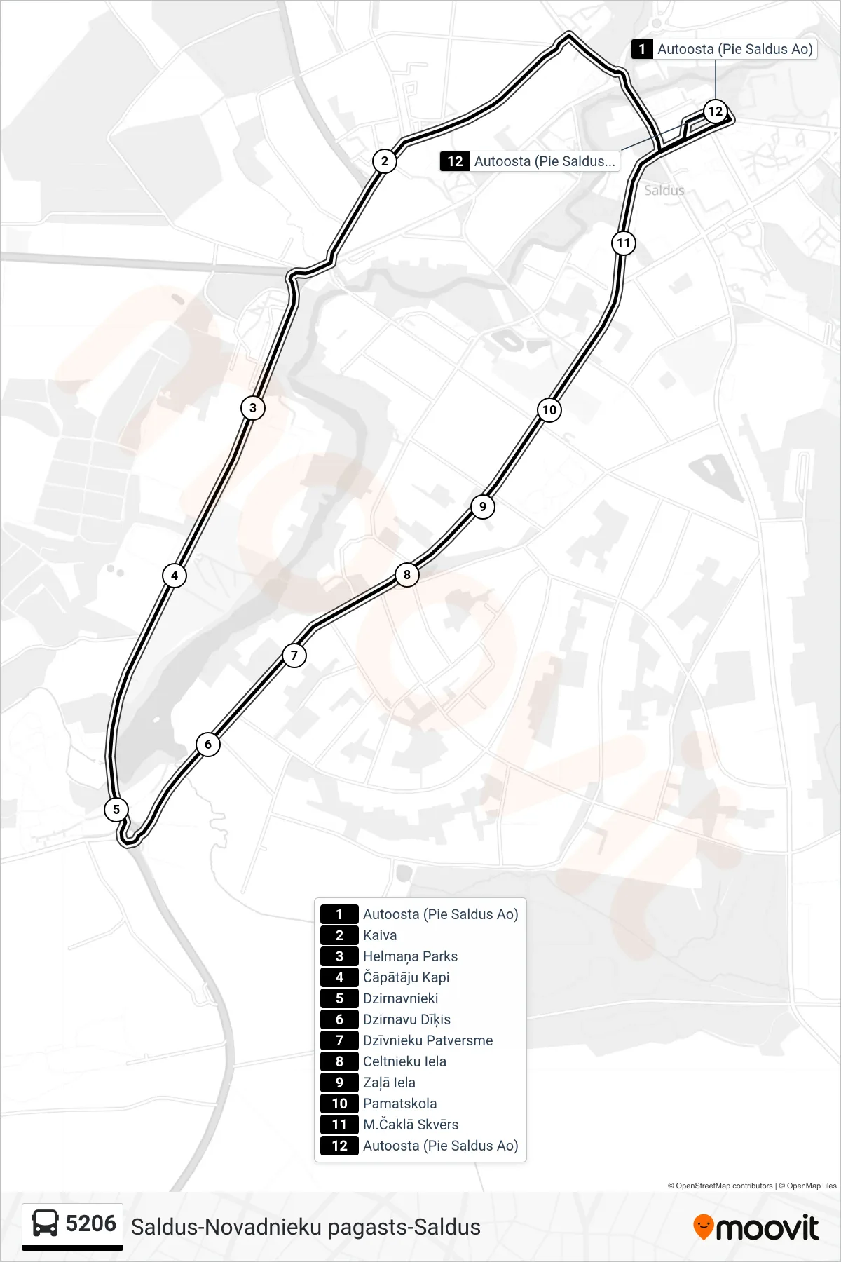 5206 bus Line (Autoosta (Pie Saldus Ao)) route and stops on a map
