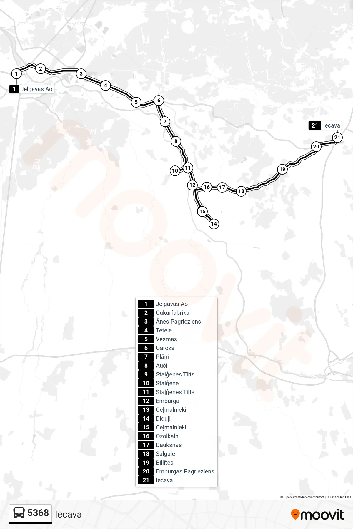 5368 bus Line (Iecava) route and stops on a map