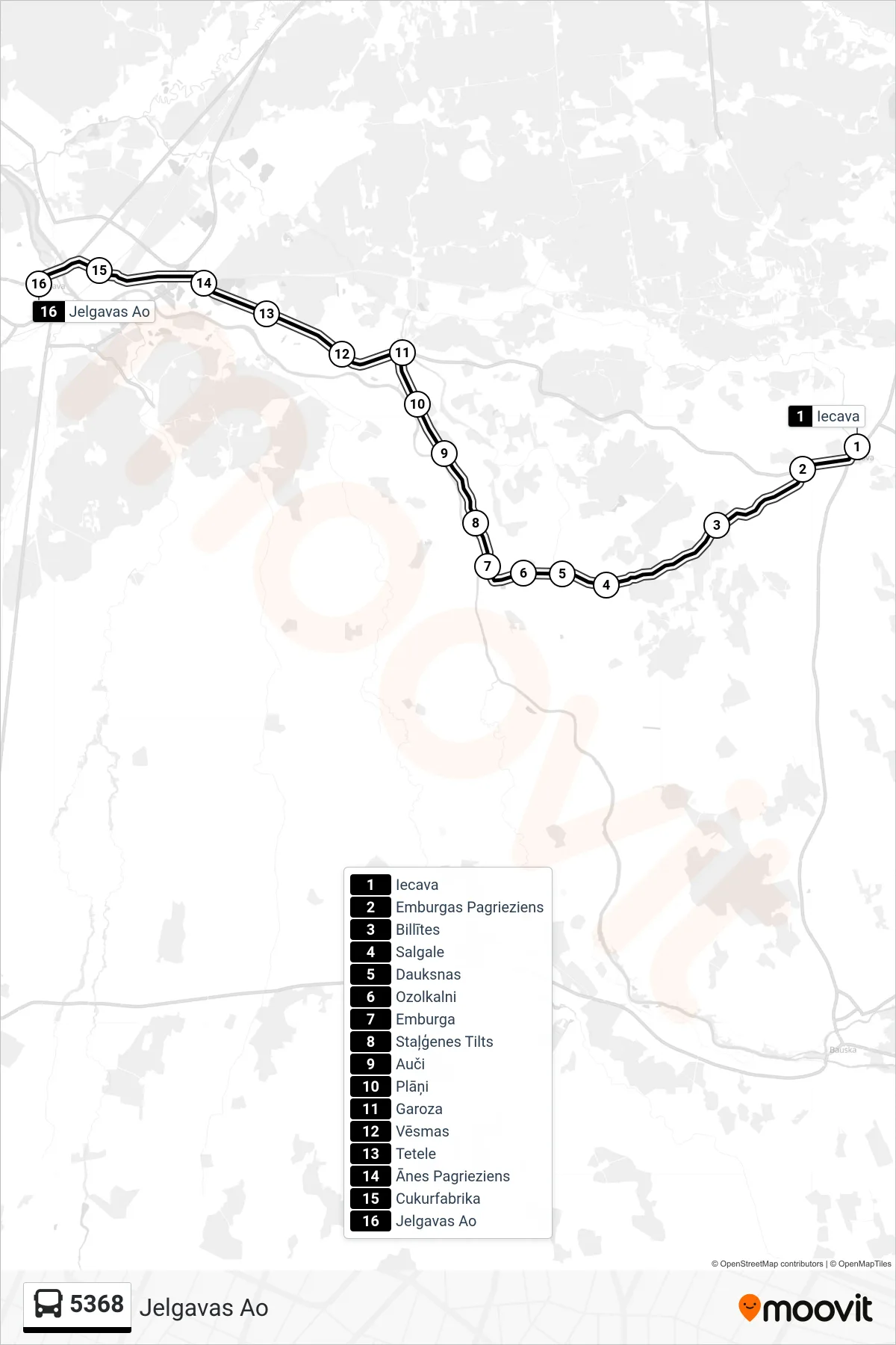 5368 bus Line (Jelgavas Ao) route and stops on a map