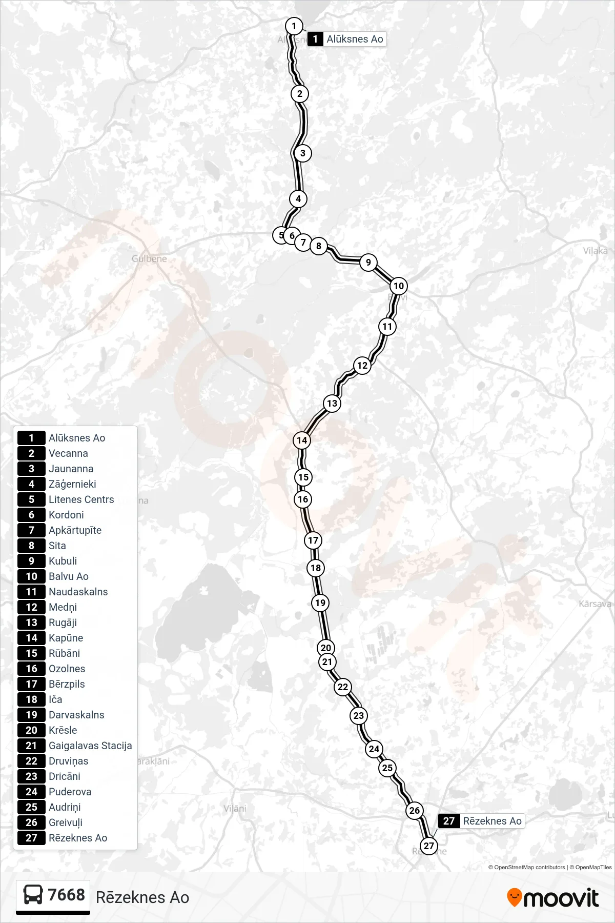 7668 bus Line (Rēzeknes Ao) route and stops on a map