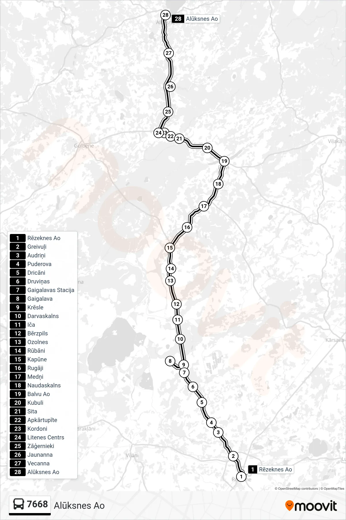 7668 bus Line (Alūksnes Ao) route and stops on a map