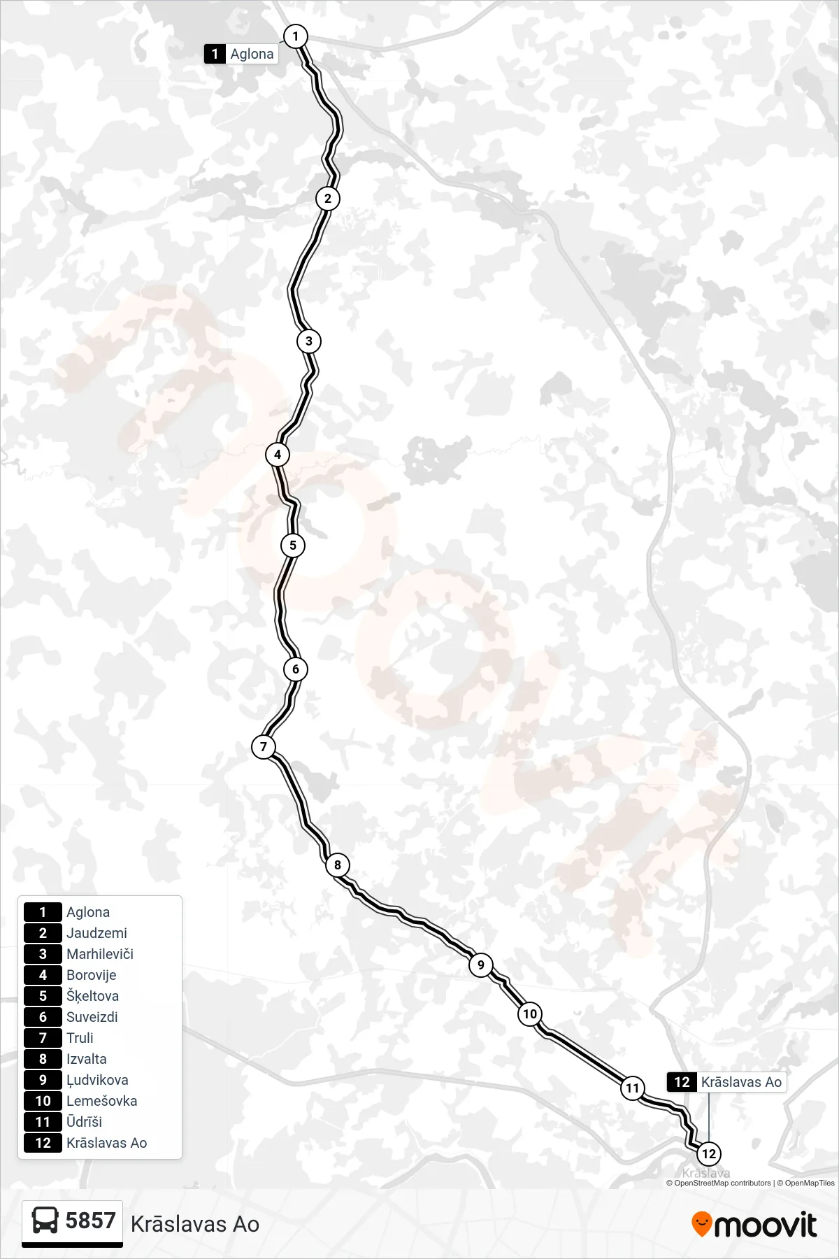 5857 bus Line (Krāslavas Ao) route and stops on a map
