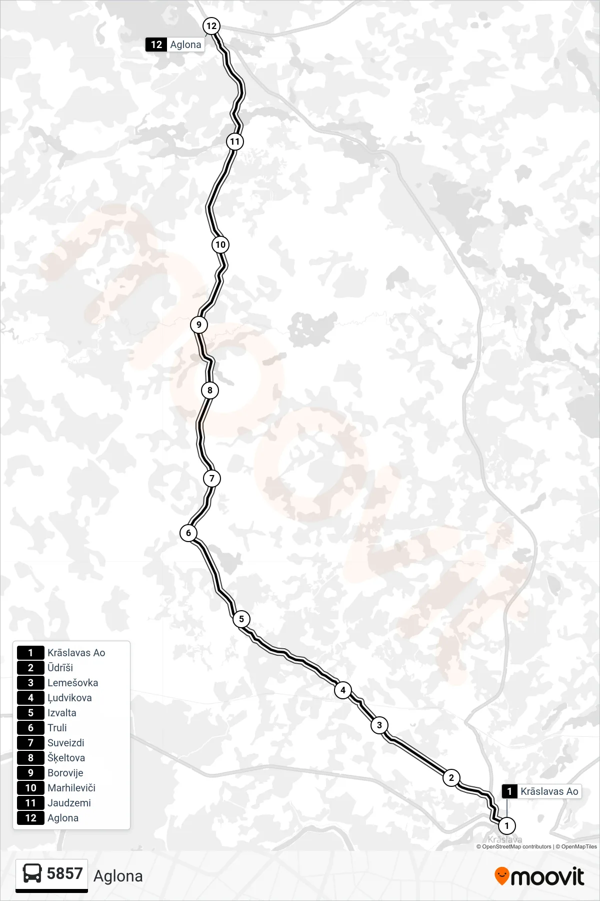 5857 bus Line (Aglona) route and stops on a map