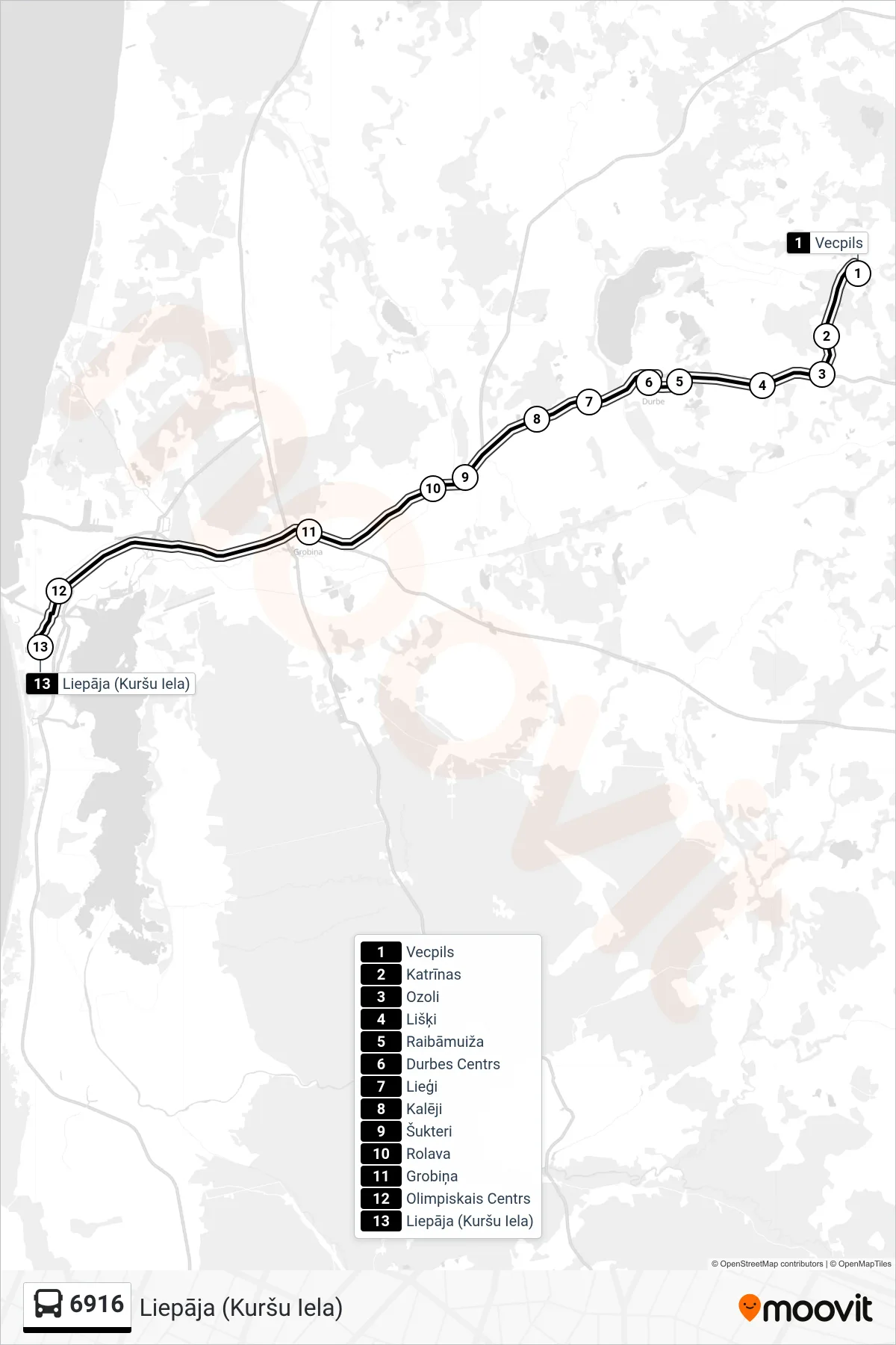 6916 bus Line (Liepāja (Kuršu Iela)) route and stops on a map