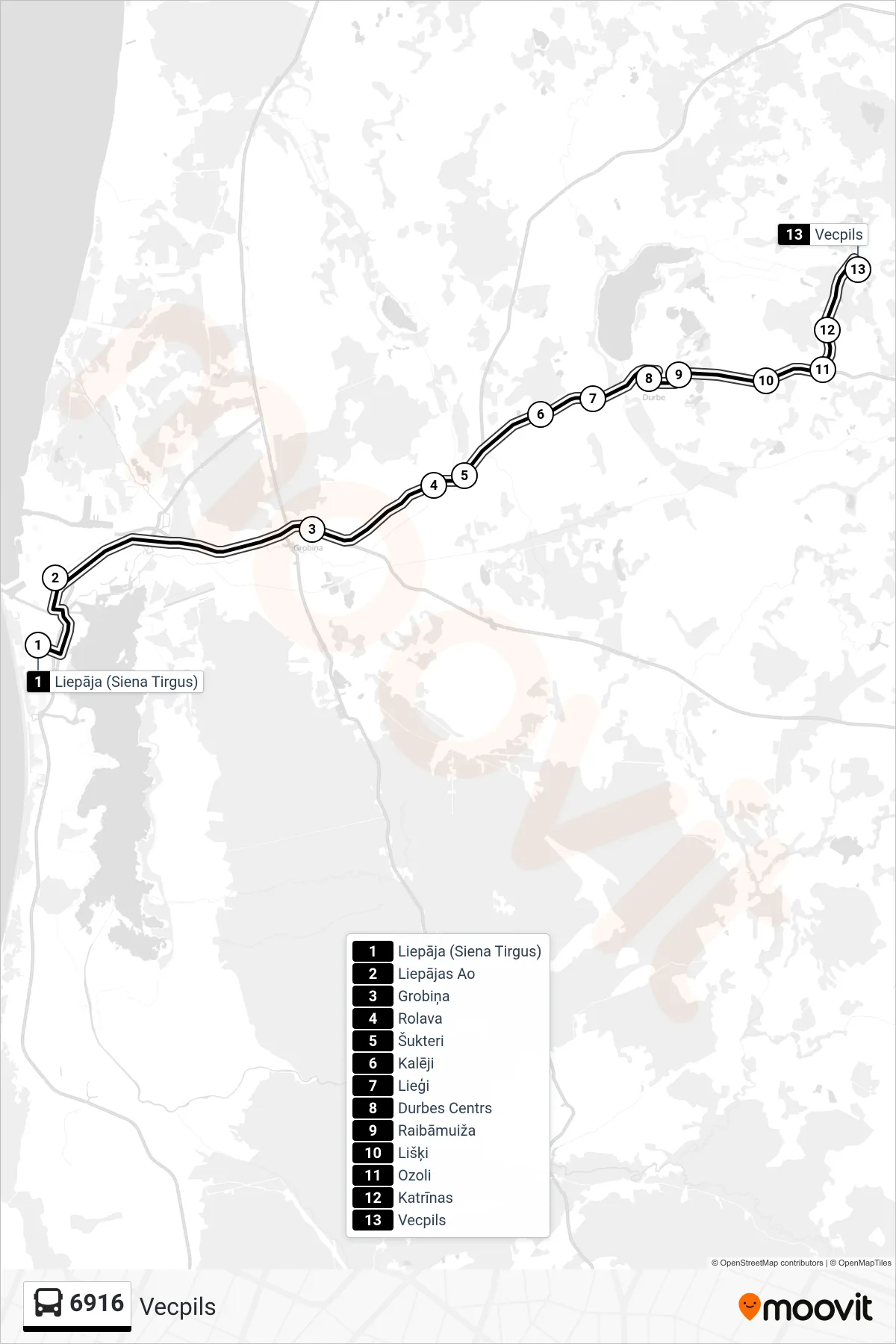6916 bus Line (Vecpils) route and stops on a map