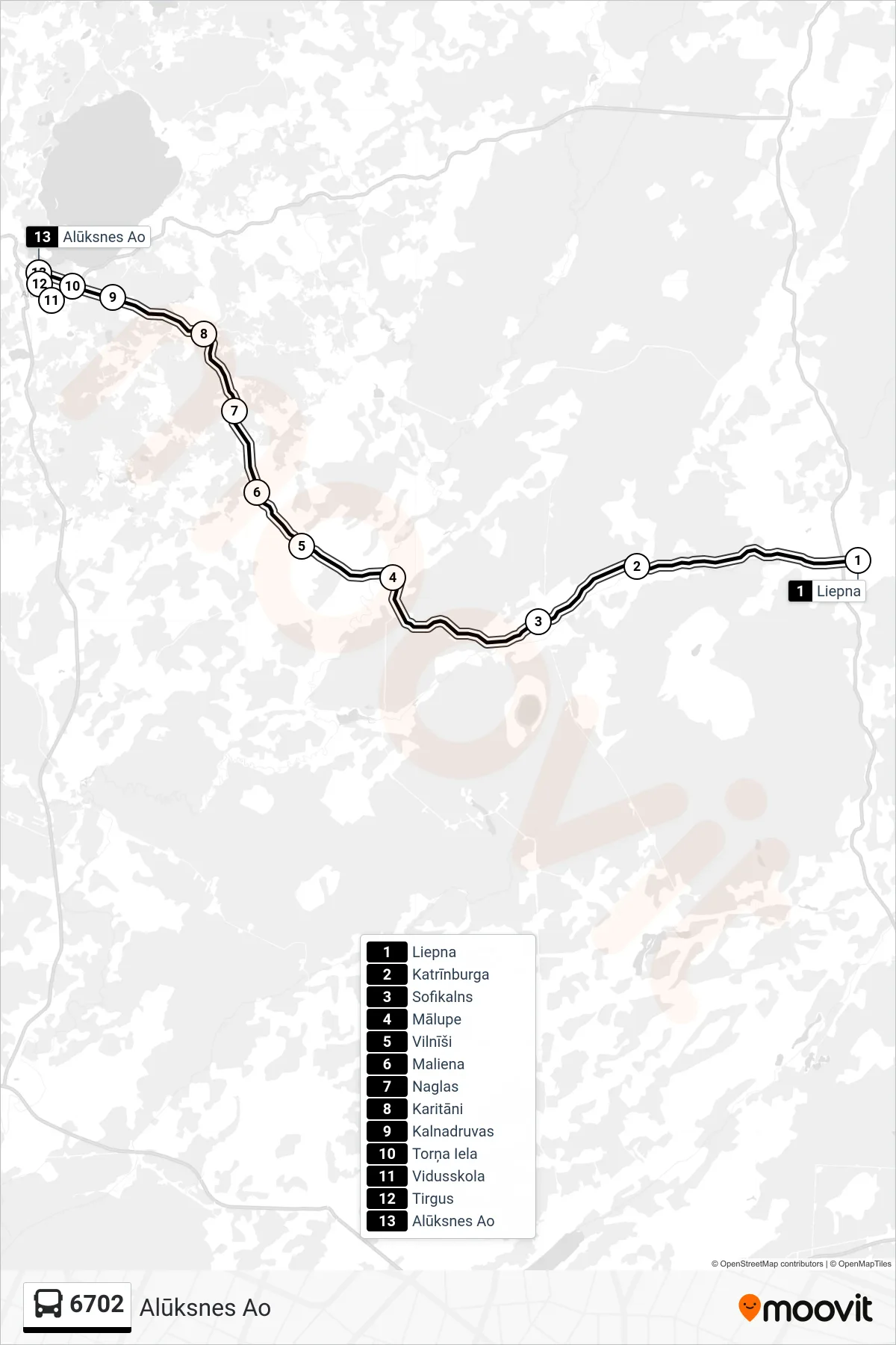 6702 bus Line (Alūksnes Ao) route and stops on a map