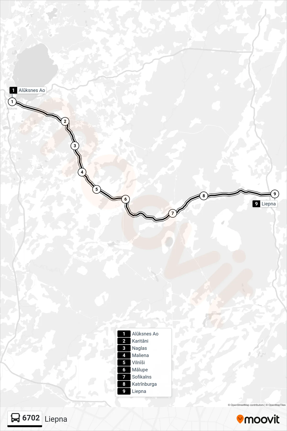 6702 bus Line (Liepna) route and stops on a map