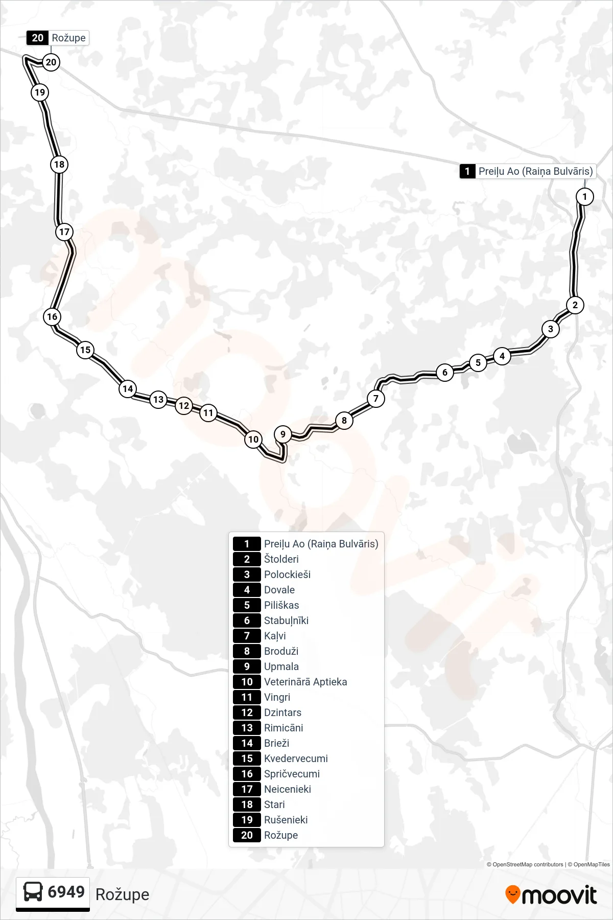 6949 bus Line (Rožupe) route and stops on a map