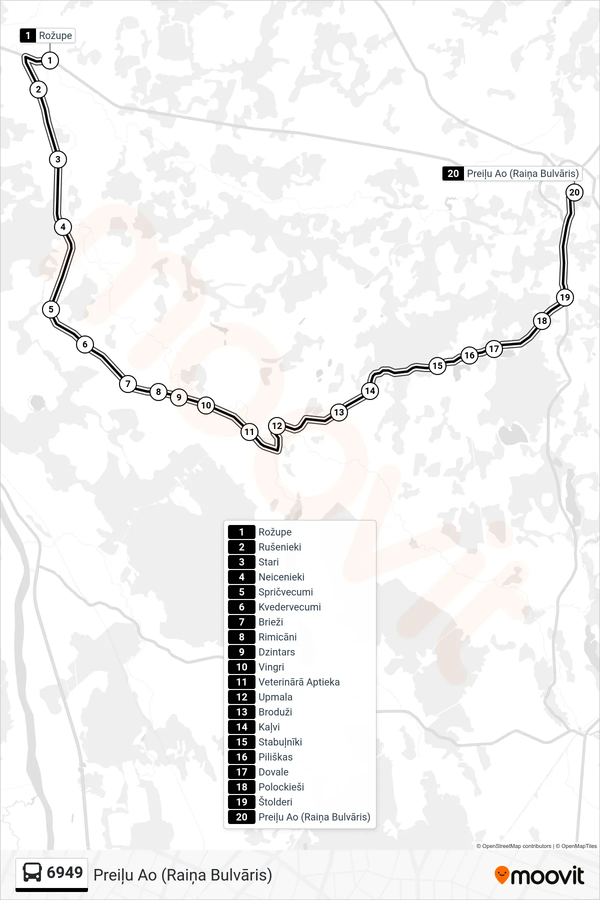 6949 bus Line (Preiļu Ao (Raiņa Bulvāris)) route and stops on a map