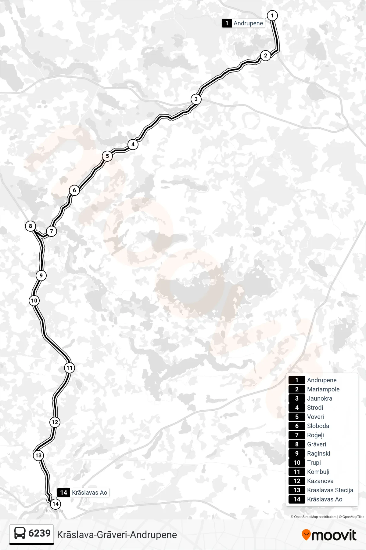 6239 bus Line (Krāslavas Ao) route and stops on a map