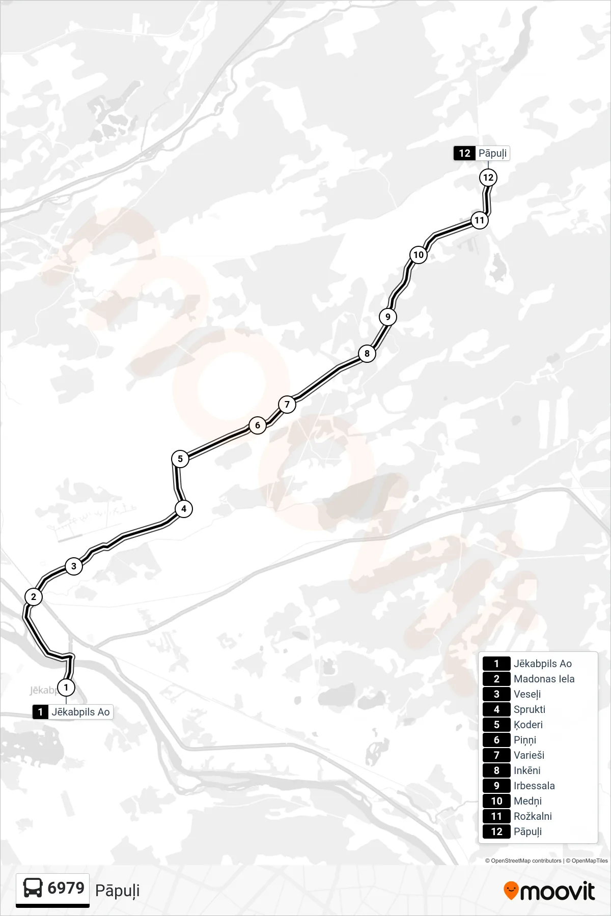 6979 bus Line (Pāpuļi) route and stops on a map