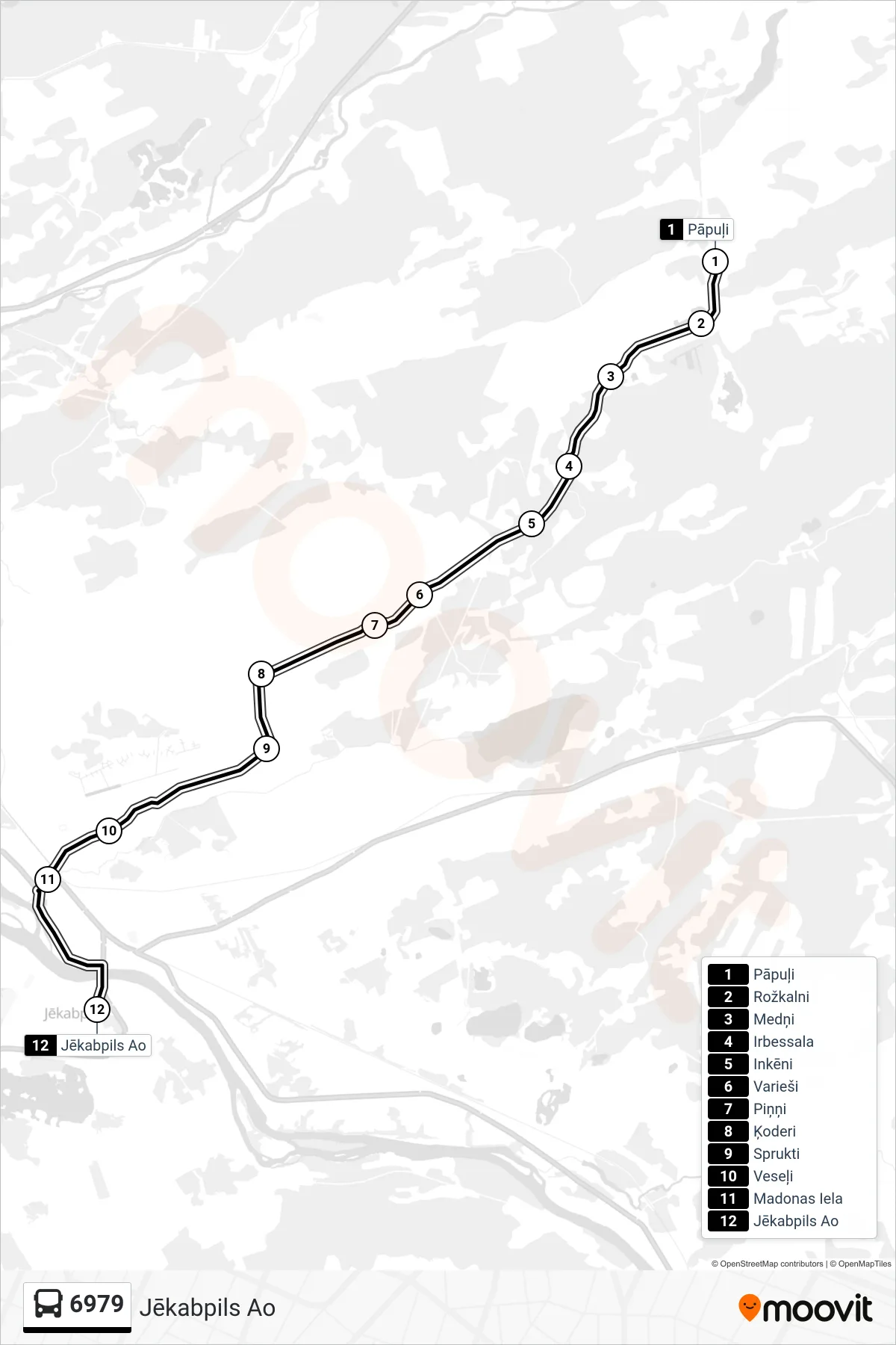 6979 bus Line (Jēkabpils Ao) route and stops on a map