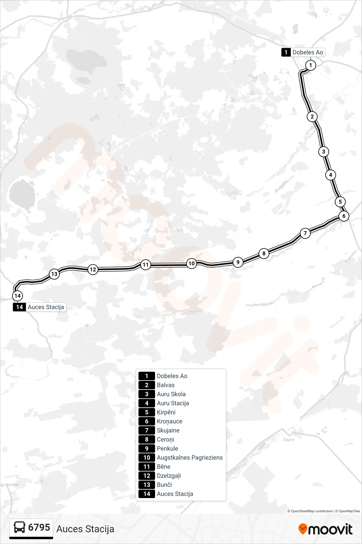 6795 bus Line (Auces Stacija) route and stops on a map