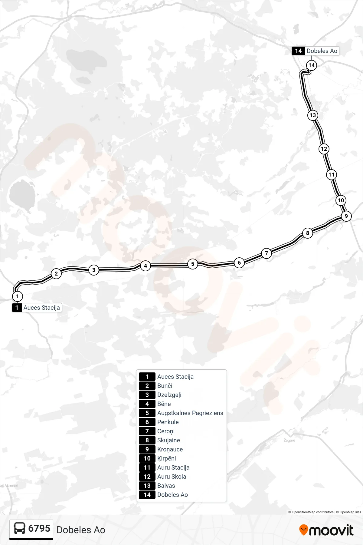6795 bus Line (Dobeles Ao) route and stops on a map