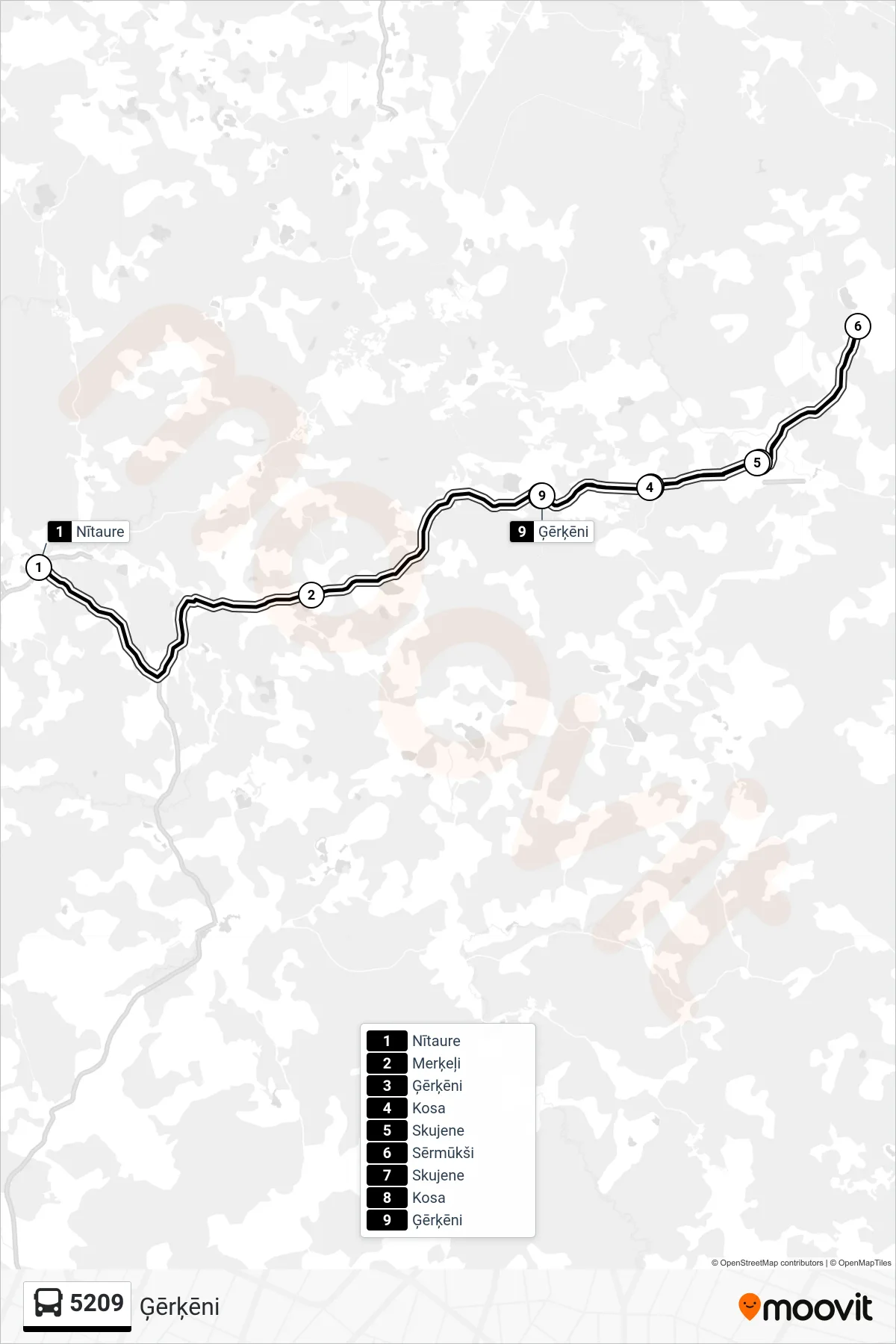 5209 bus Line (Ģērķēni) route and stops on a map