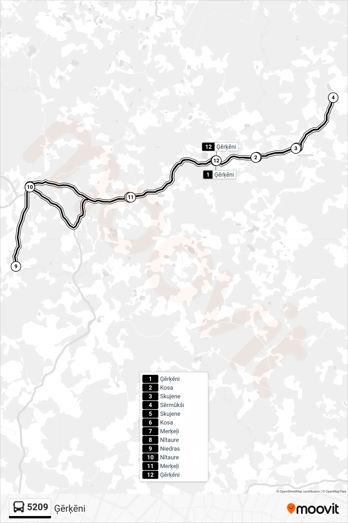 5209 bus Line (Ģērķēni) route and stops on a map
