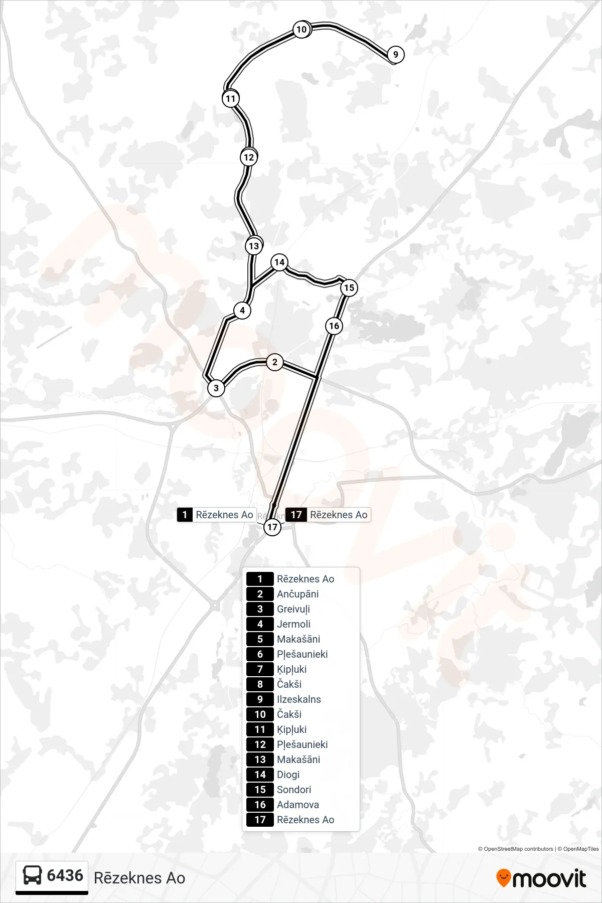 6436 bus Line (Rēzeknes Ao) route and stops on a map