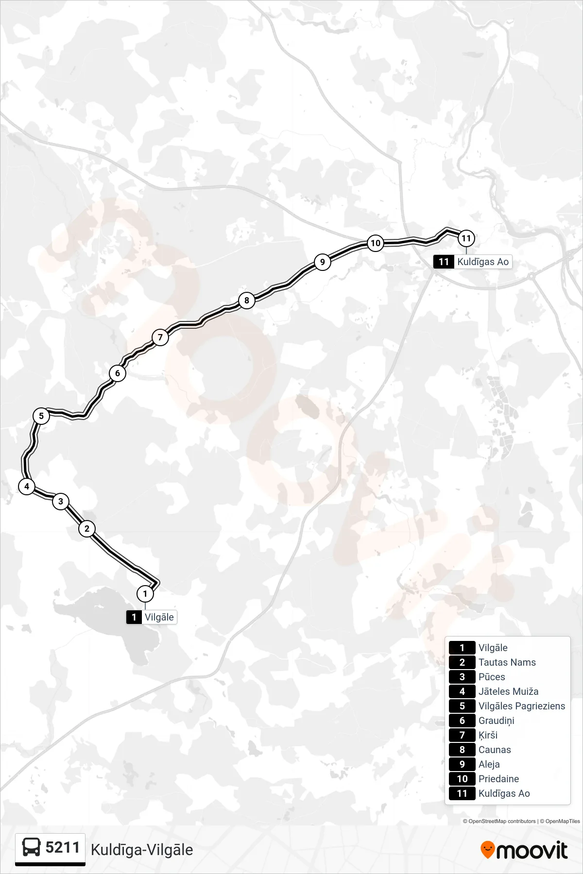 5211 bus Line (Kuldīgas Ao) route and stops on a map