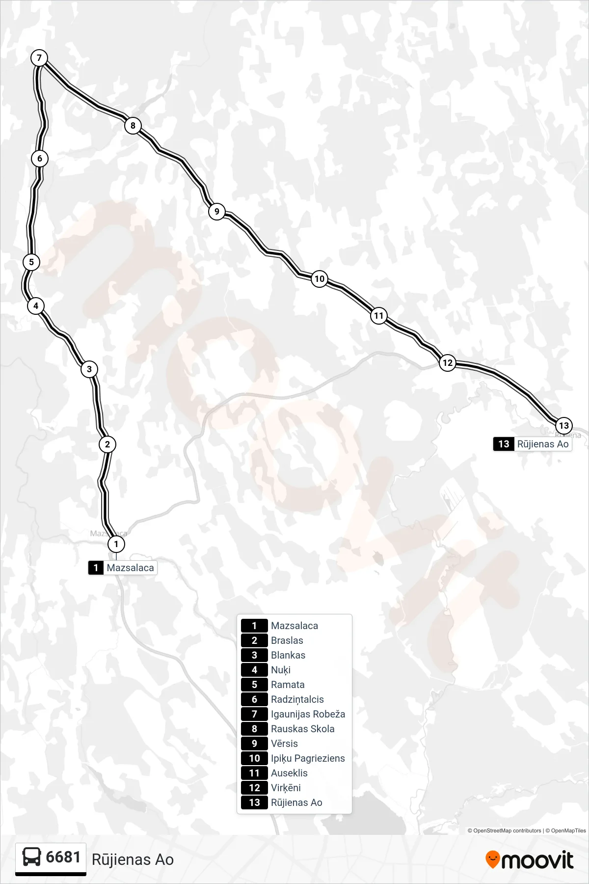 6681 bus Line (Rūjienas Ao) route and stops on a map