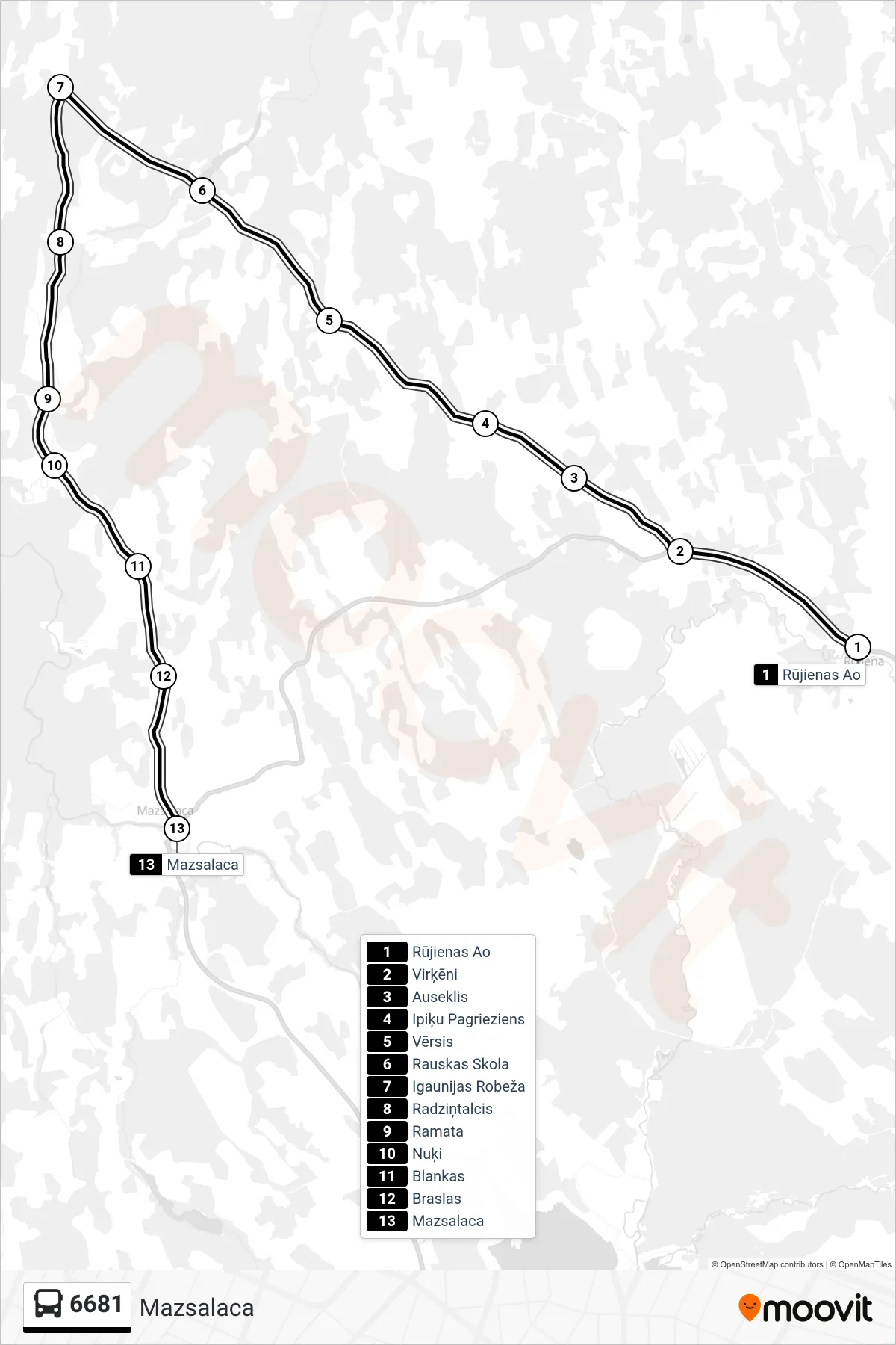 6681 bus Line (Mazsalaca) route and stops on a map