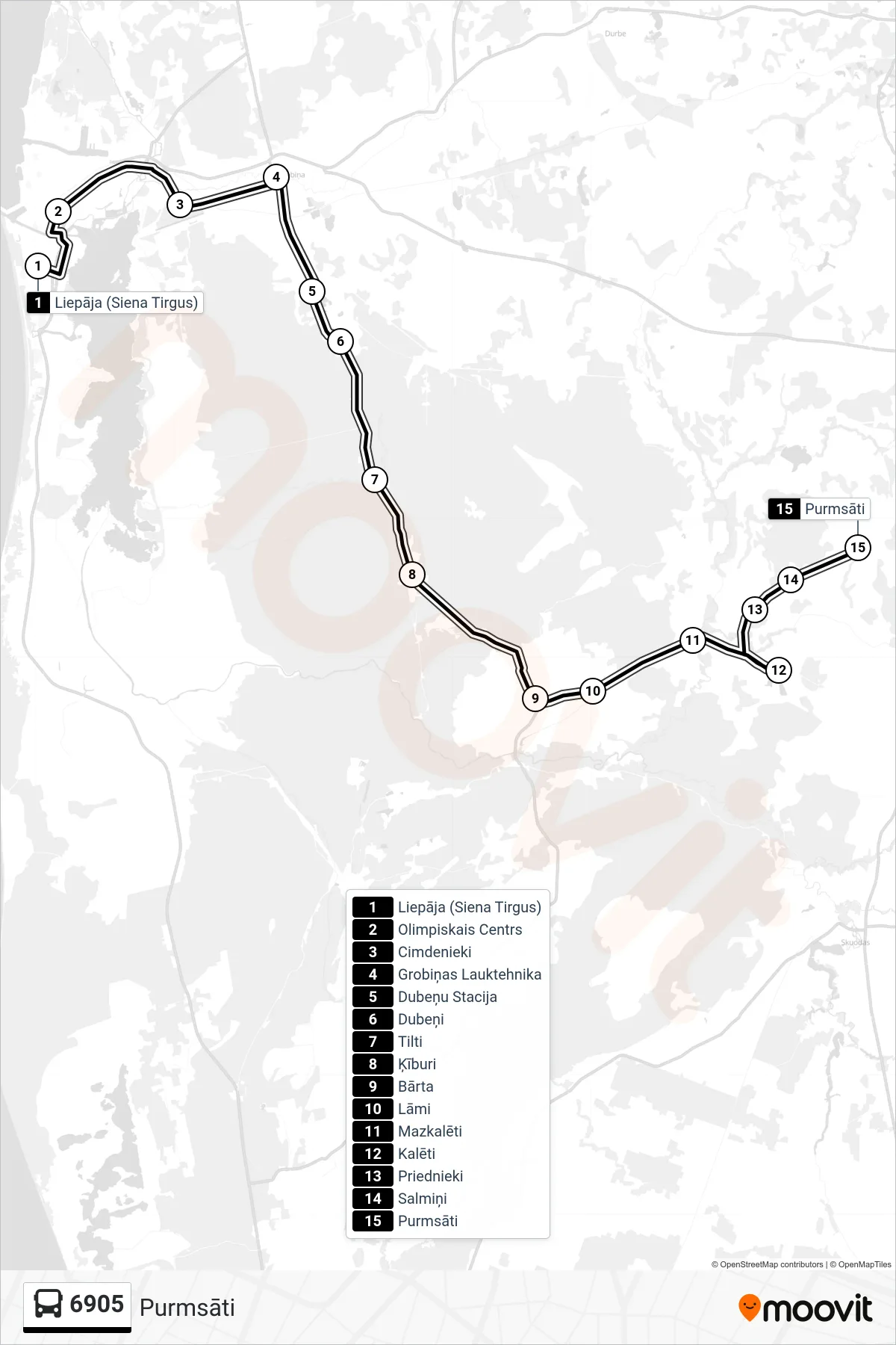 6905 bus Line (Purmsāti) route and stops on a map