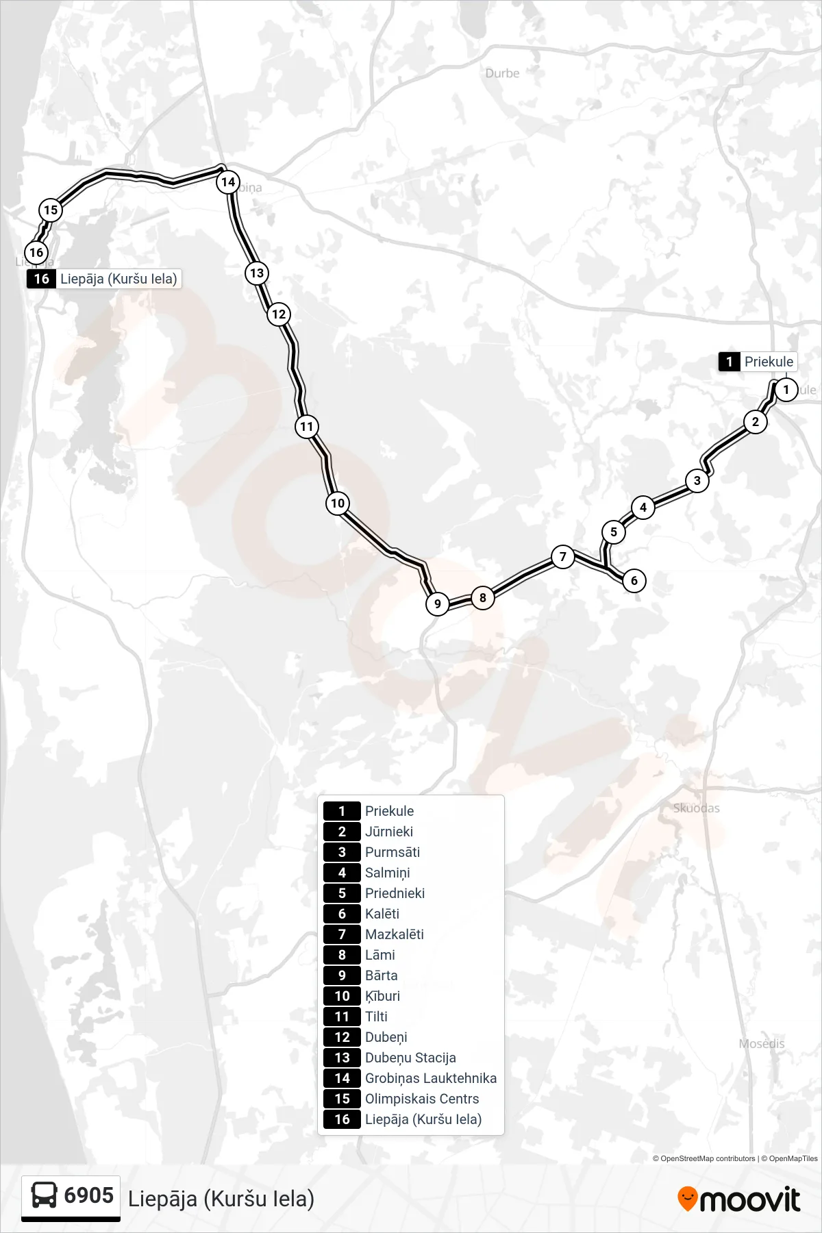 6905 bus Line (Liepāja (Kuršu Iela)) route and stops on a map