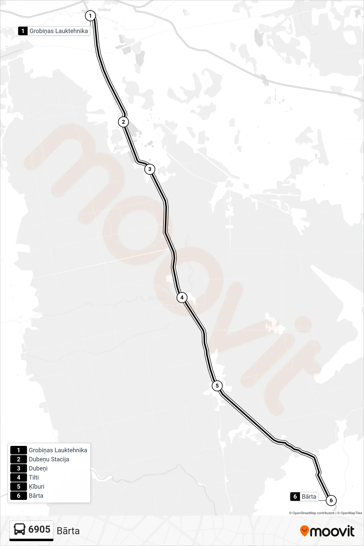 6905 bus Line (Bārta) route and stops on a map
