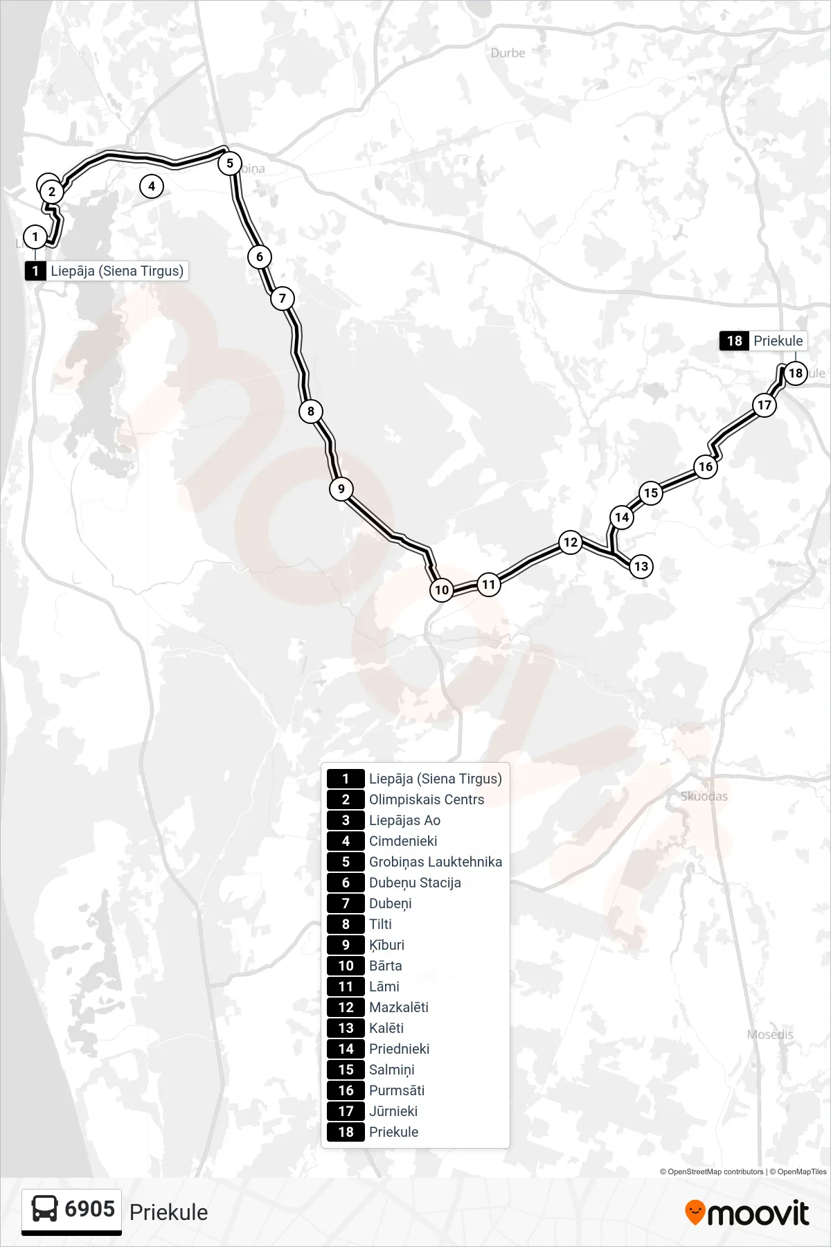 6905 bus Line (Priekule) route and stops on a map