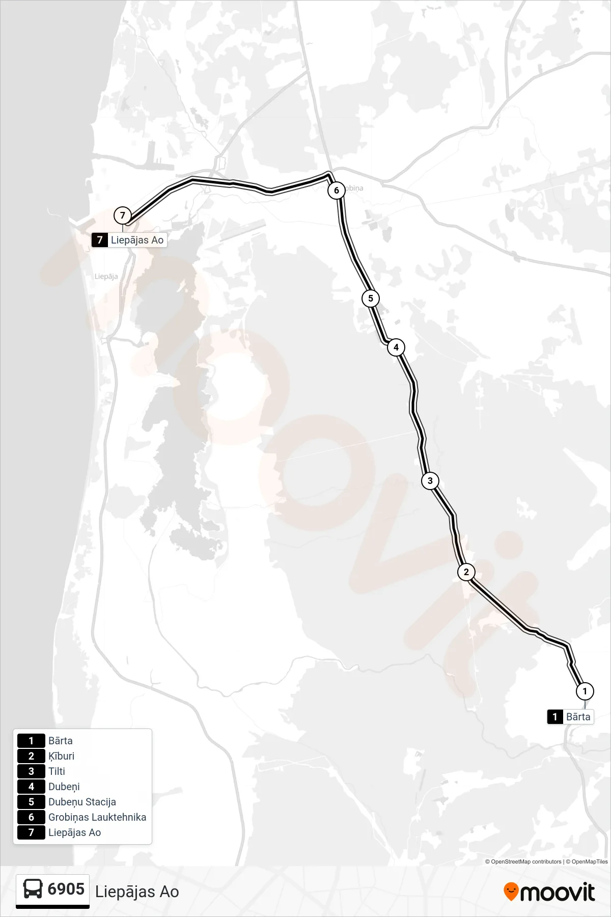 6905 bus Line (Liepājas Ao) route and stops on a map
