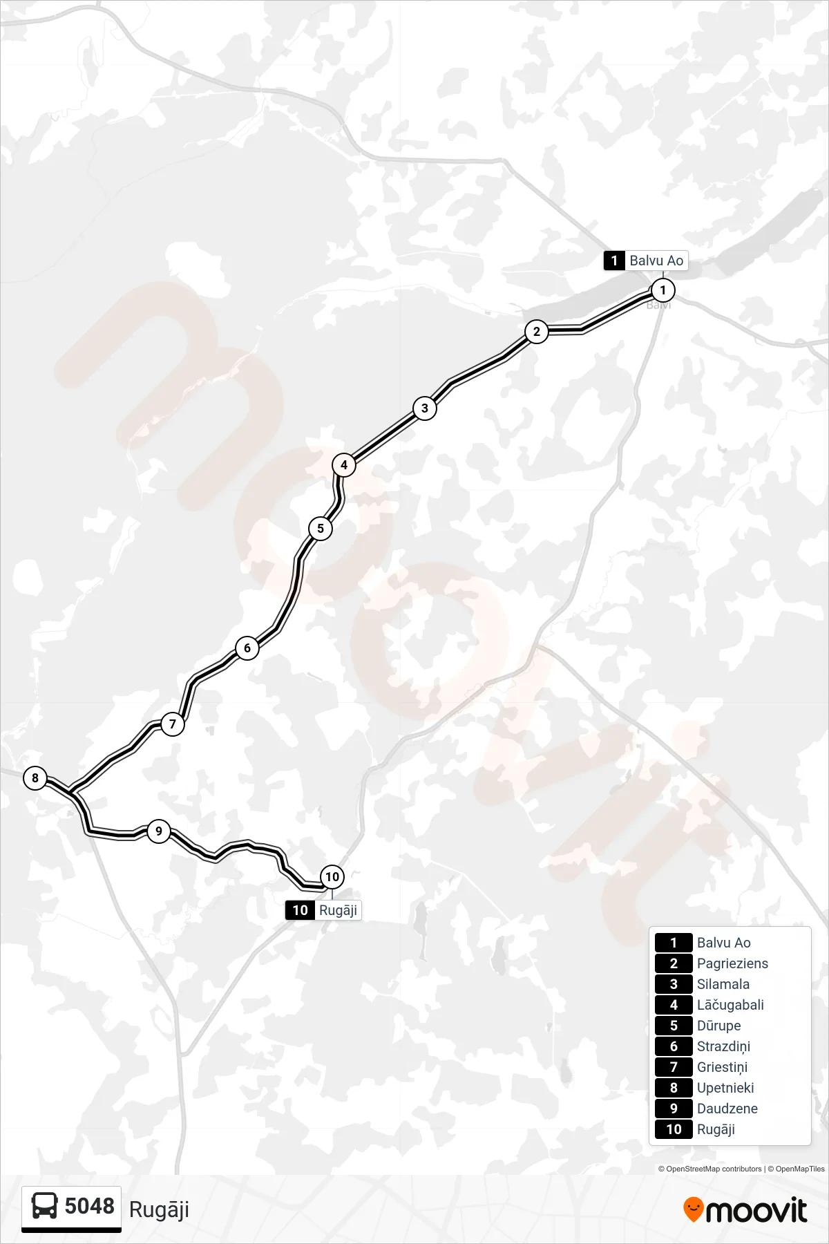 5048 bus Line (Rugāji) route and stops on a map
