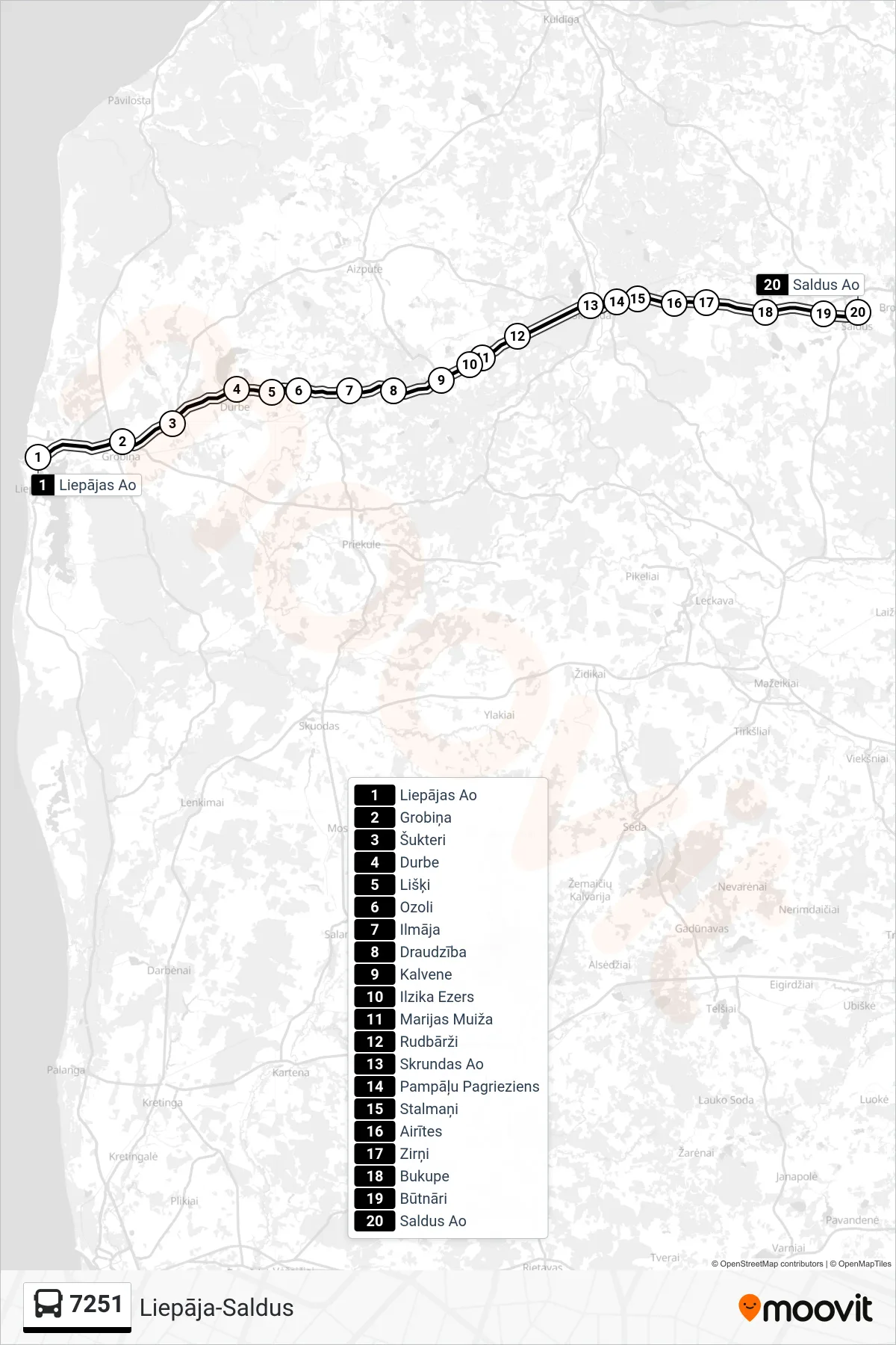 7251 bus Line (Saldus Ao) route and stops on a map