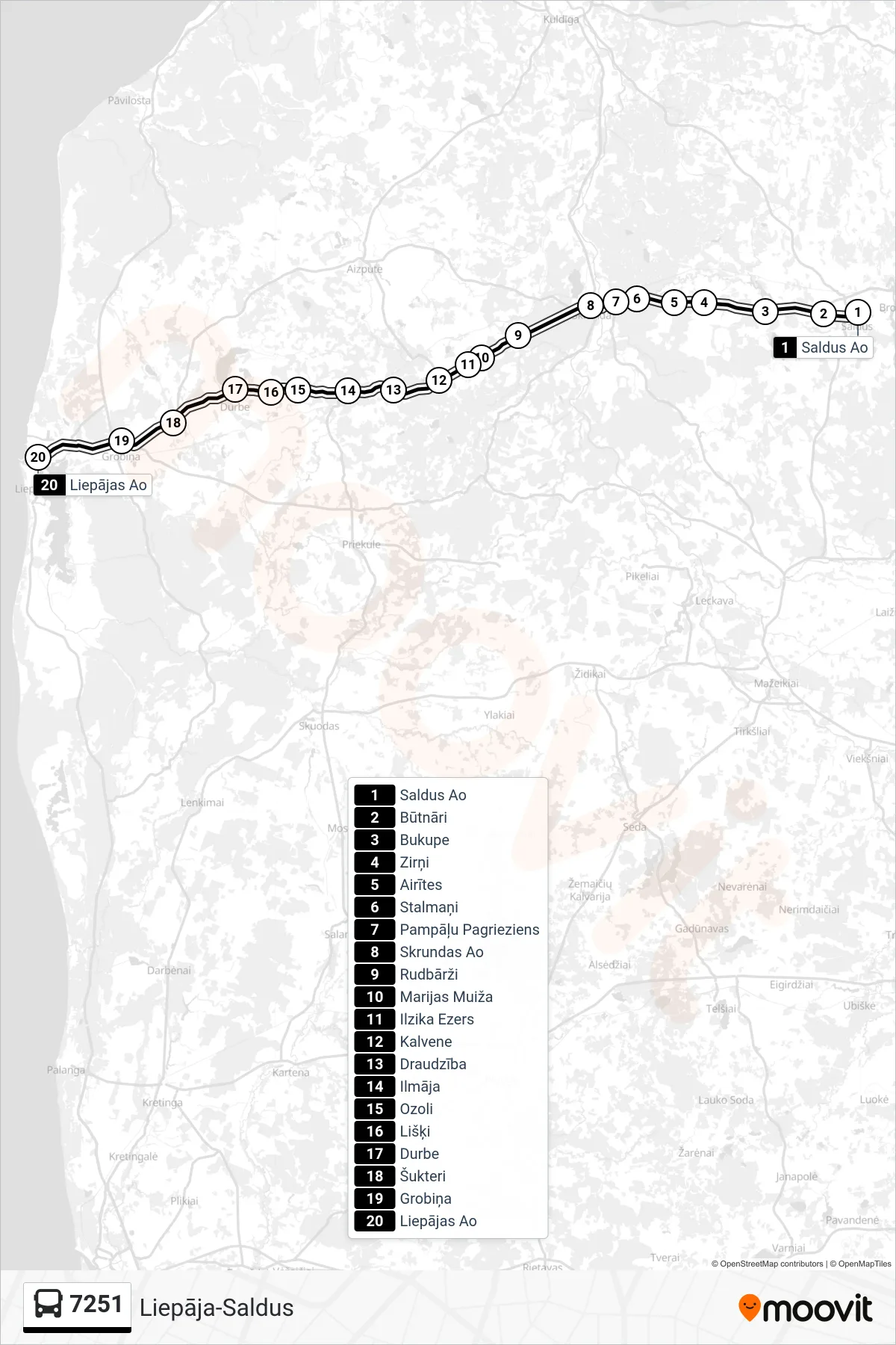 7251 bus Line (Liepājas Ao) route and stops on a map