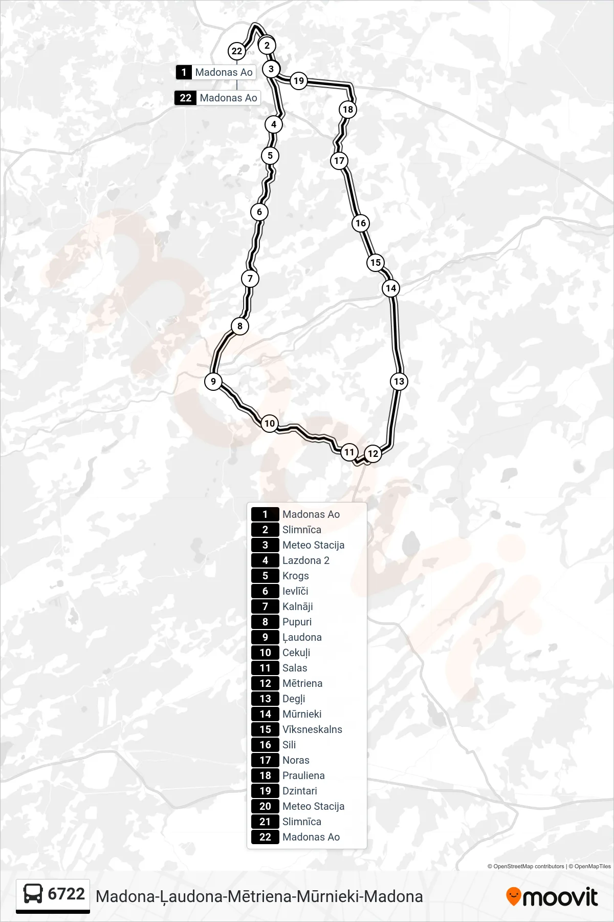 6722 bus Line (Madonas Ao) route and stops on a map