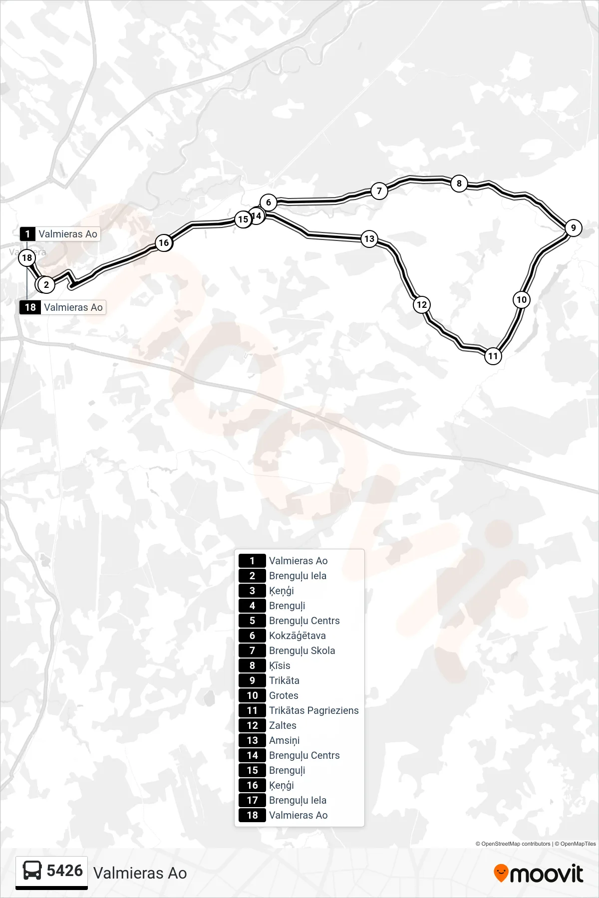 5426 bus Line (Valmieras Ao) route and stops on a map