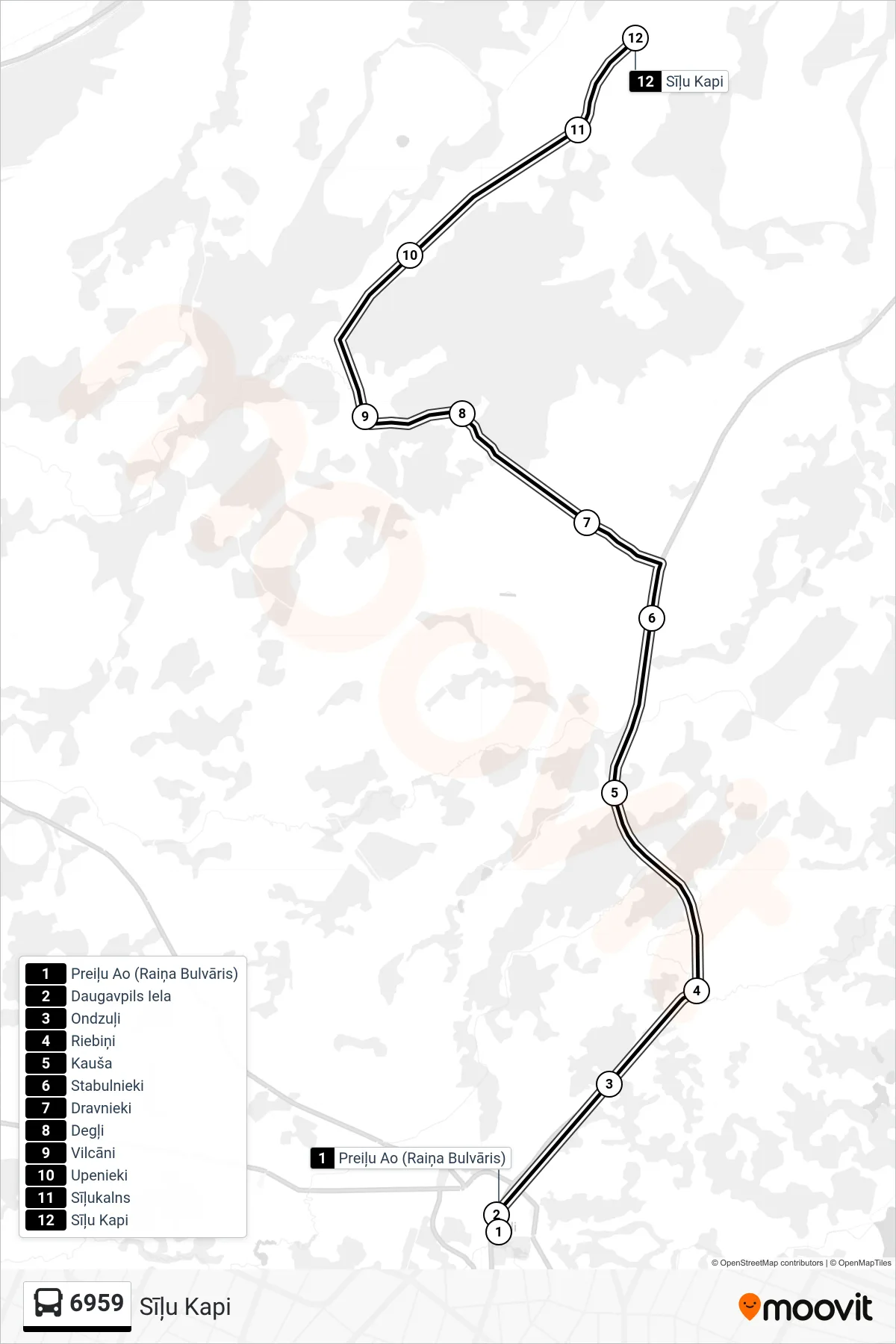 6959 bus Line (Sīļu Kapi) route and stops on a map