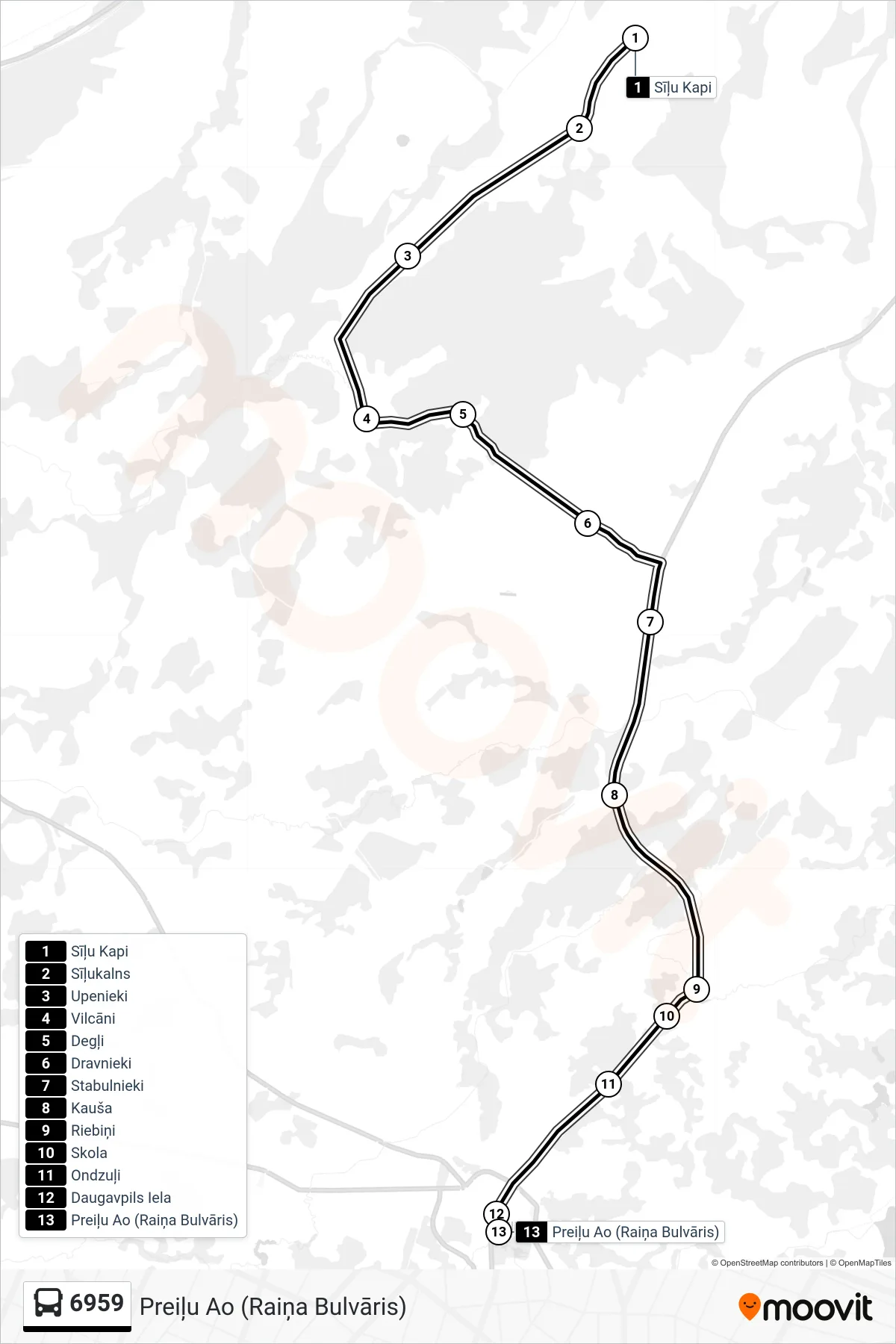 6959 bus Line (Preiļu Ao (Raiņa Bulvāris)) route and stops on a map