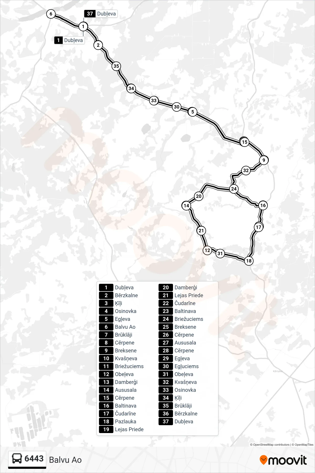 6443 bus Line (Balvu Ao) route and stops on a map