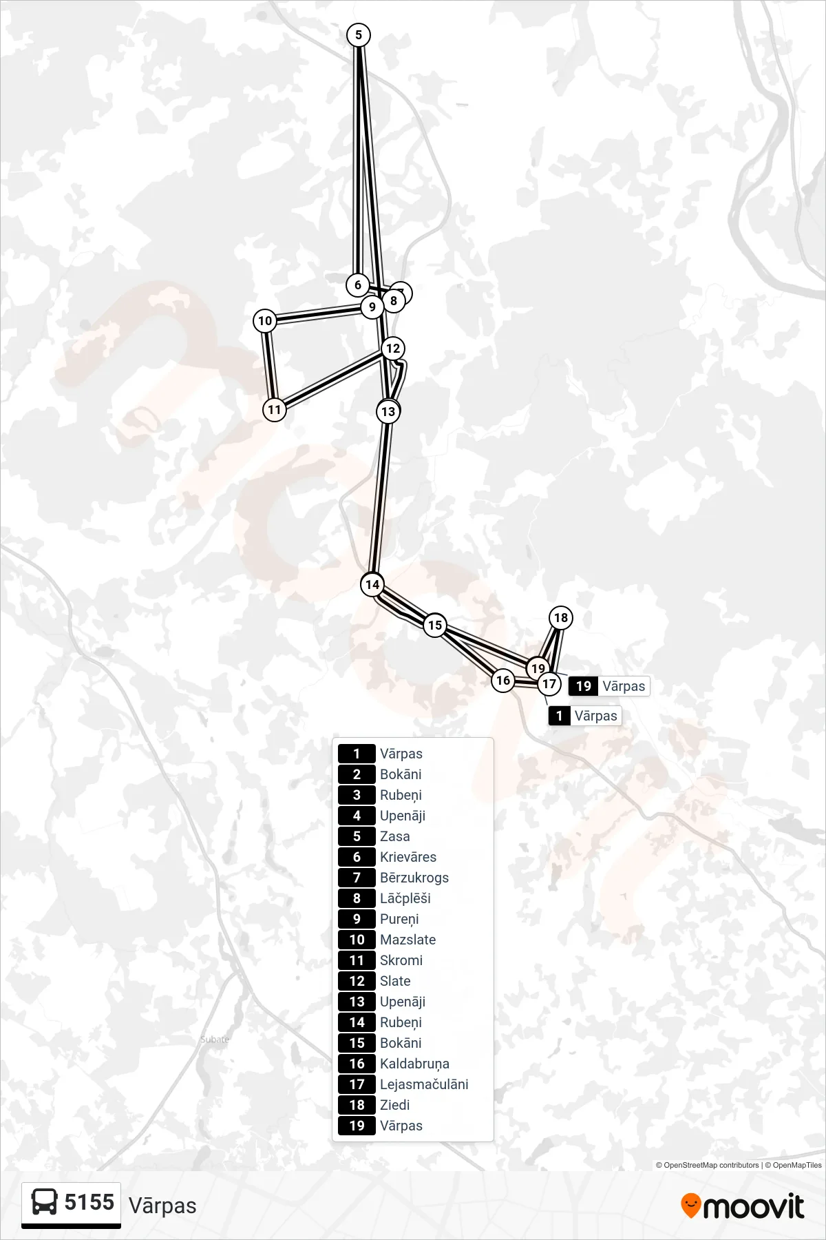 5155 bus Line (Vārpas) route and stops on a map
