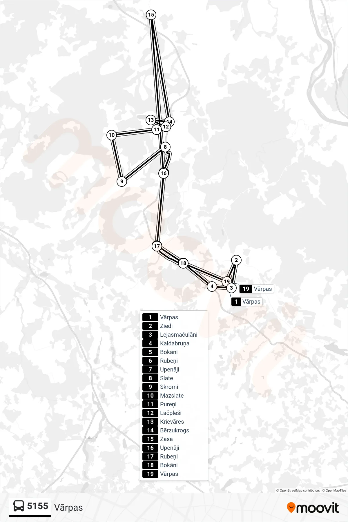 5155 bus Line (Vārpas) route and stops on a map