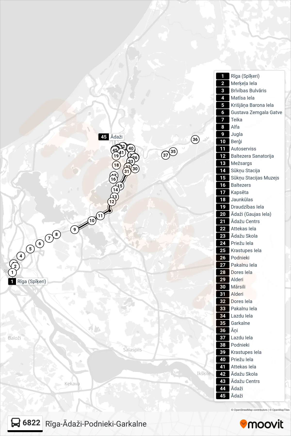 6822 bus Line (Ādaži) route and stops on a map