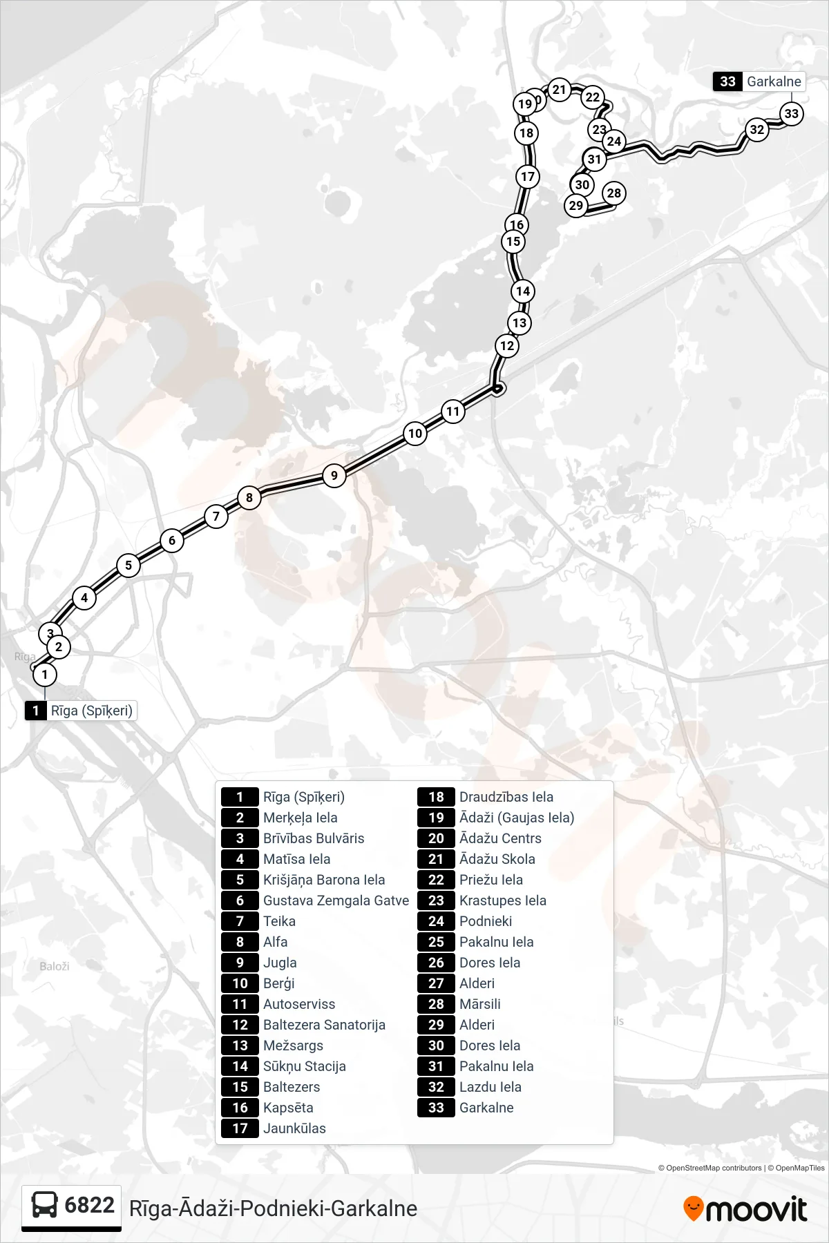 6822 bus Line (Garkalne) route and stops on a map